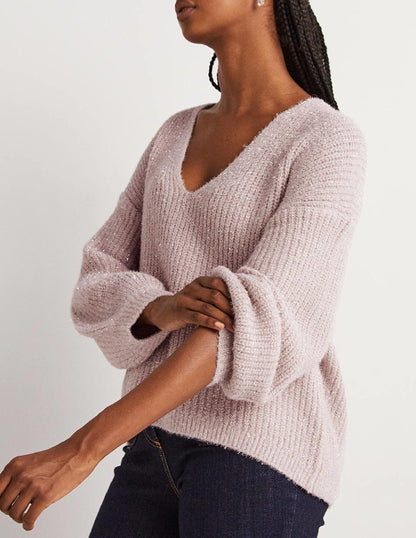 Flauschiger Grobstrick-Pullover mit V-Ausschnitt-Cameo-Rosa, Glitzer-4