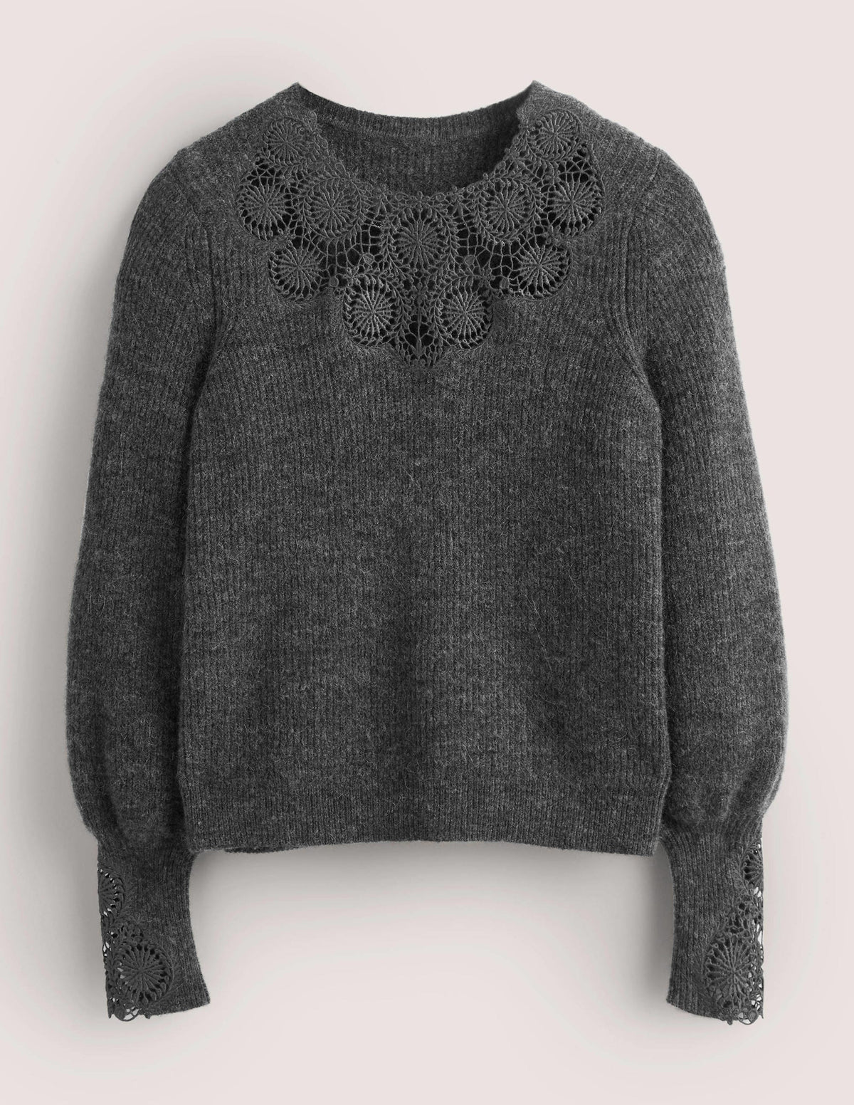 Flauschiger Pullover mit Stickerei-Anthrazit Melange, Stickerei-5