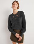 Flauschiger Pullover mit Stickerei-Anthrazit Melange, Stickerei