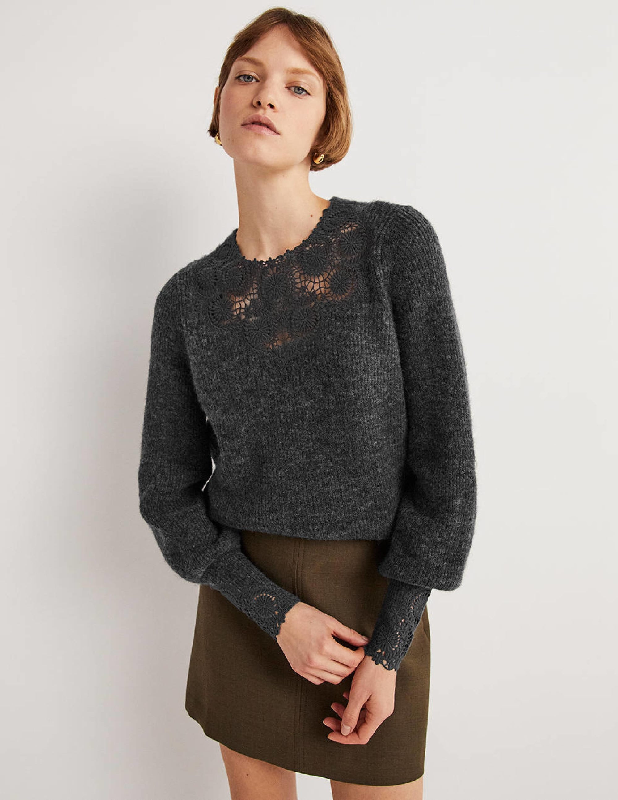 Flauschiger Pullover mit Stickerei-Anthrazit Melange, Stickerei - Image 1