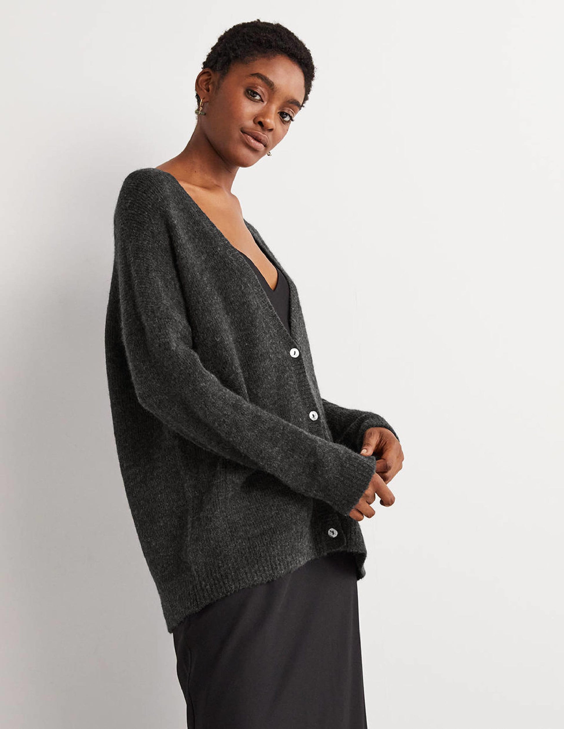 Long Fluffy Cardigan-Charcoal Melange-1