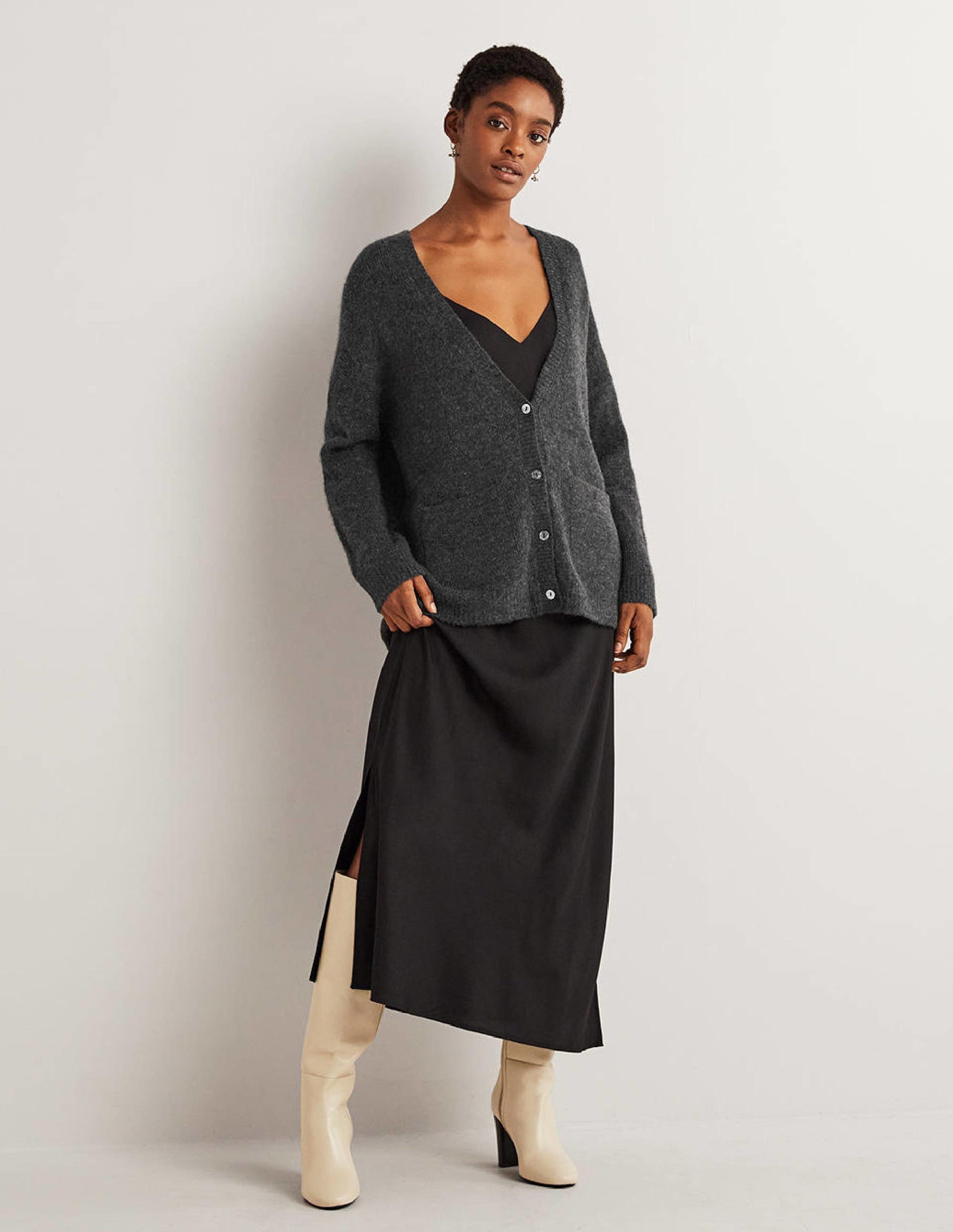 Long Fluffy Cardigan-Charcoal Melange-4
