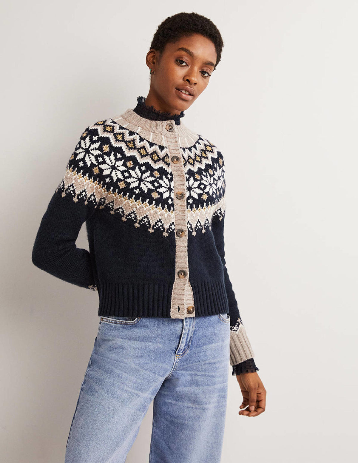 Grob gestrickter Fair-Isle-Cardigan-Navy/Mausgrau, Fair-Isle-Muster - Image 1