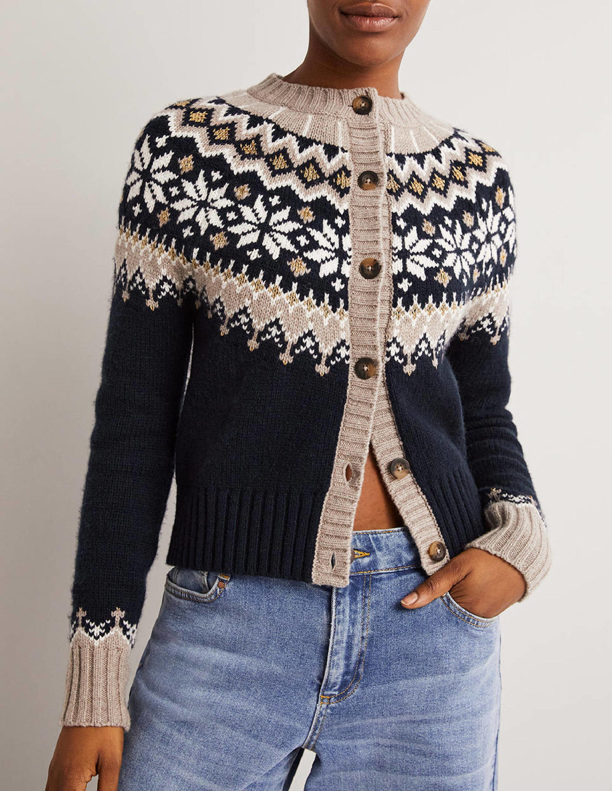 Grob gestrickter Fair-Isle-Cardigan-Navy/Mausgrau, Fair-Isle-Muster-4