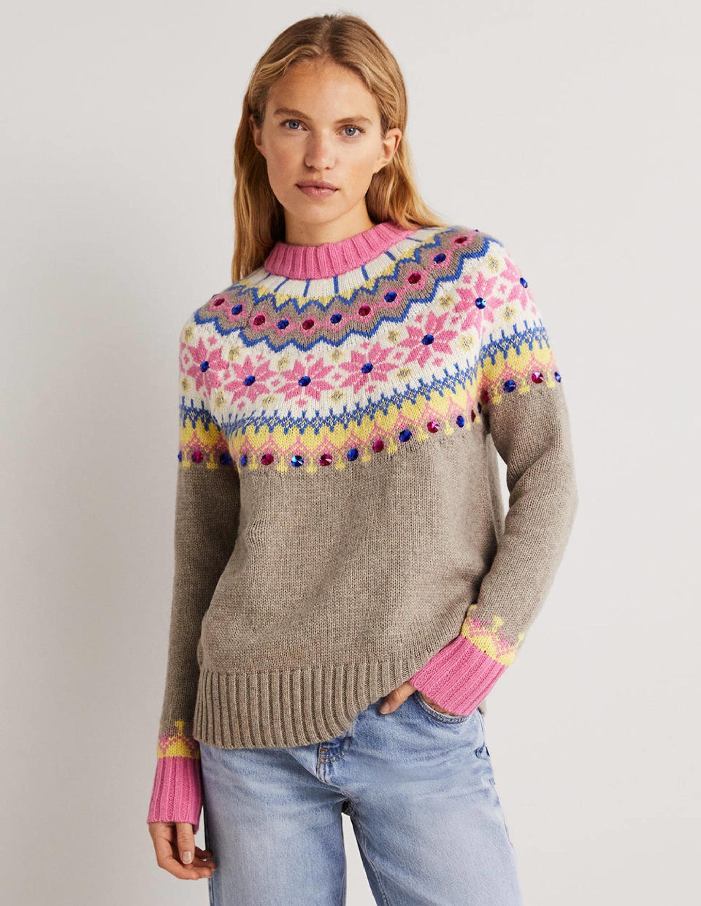 Verzierter Fair-Isle-Pullover-Nerzbraun, Verziertes Fair-Isle-Muster