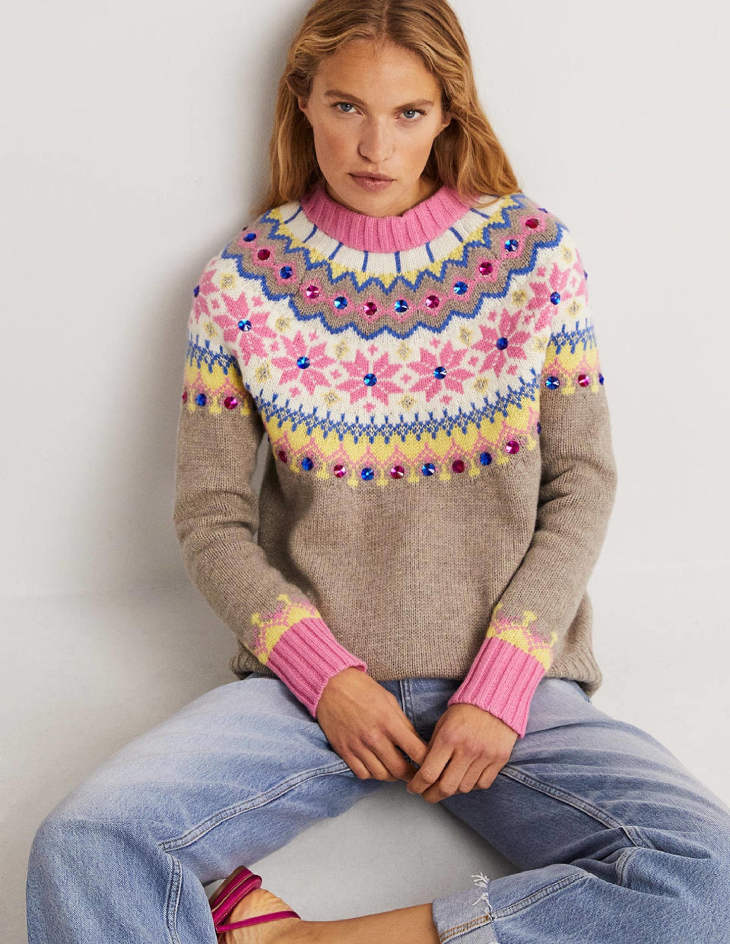 Verzierter Fair-Isle-Pullover-Nerzbraun, Verziertes Fair-Isle-Muster
