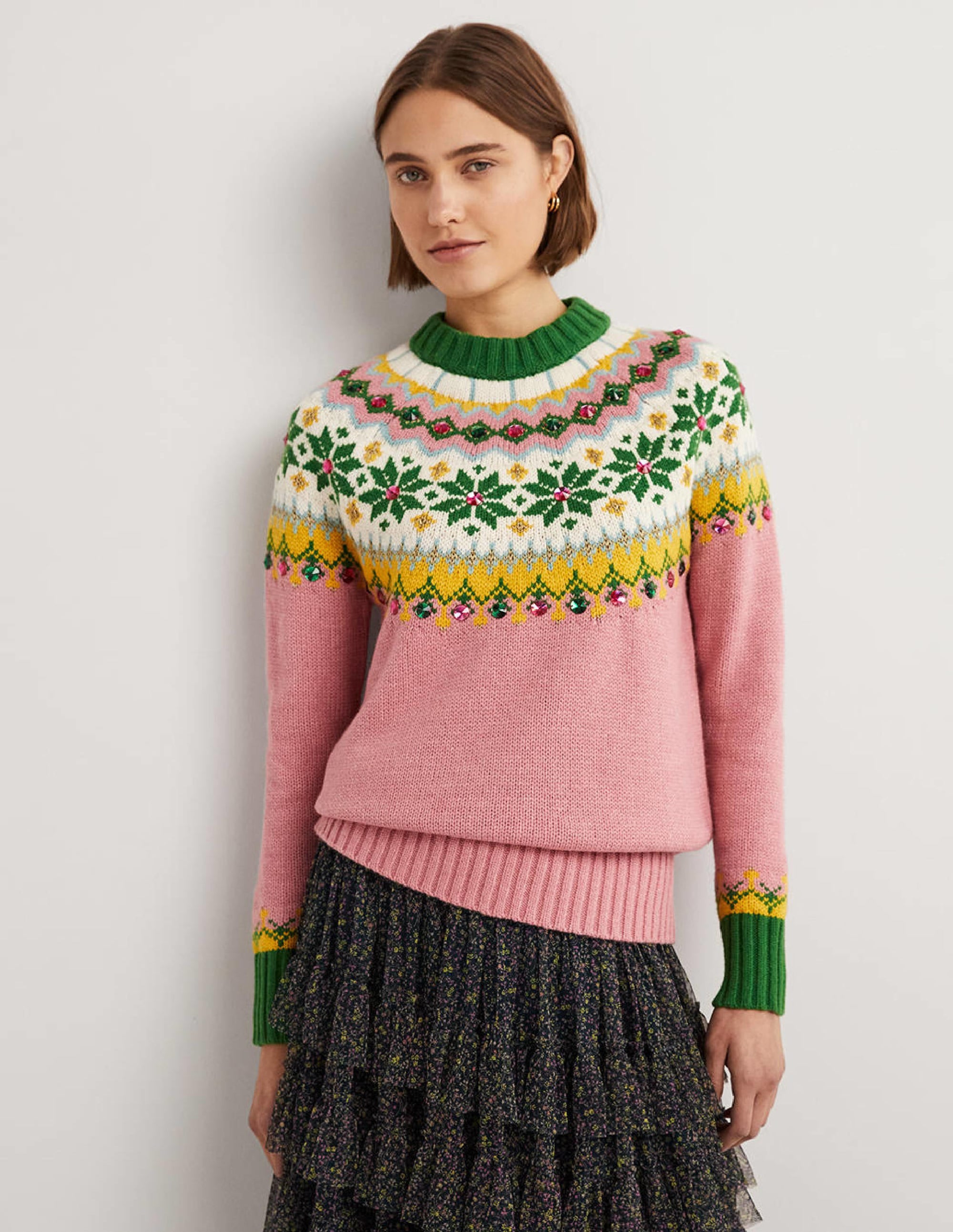 Embellished Fair Isle Jumper-Pink, Embellished Fair Isle - Image 1