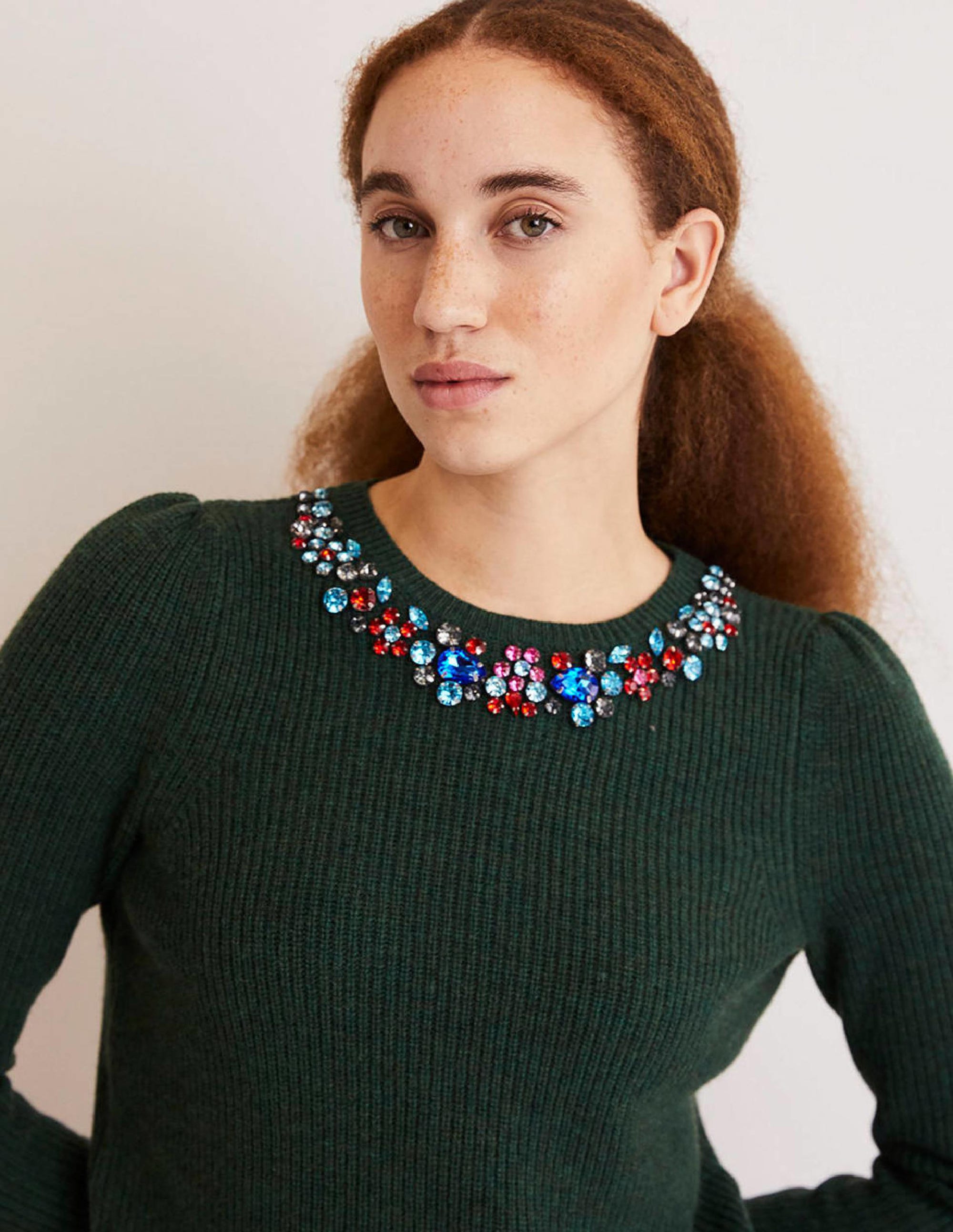 Embellished Party Jumper-Dark Green, Embellished Collar - Image 4