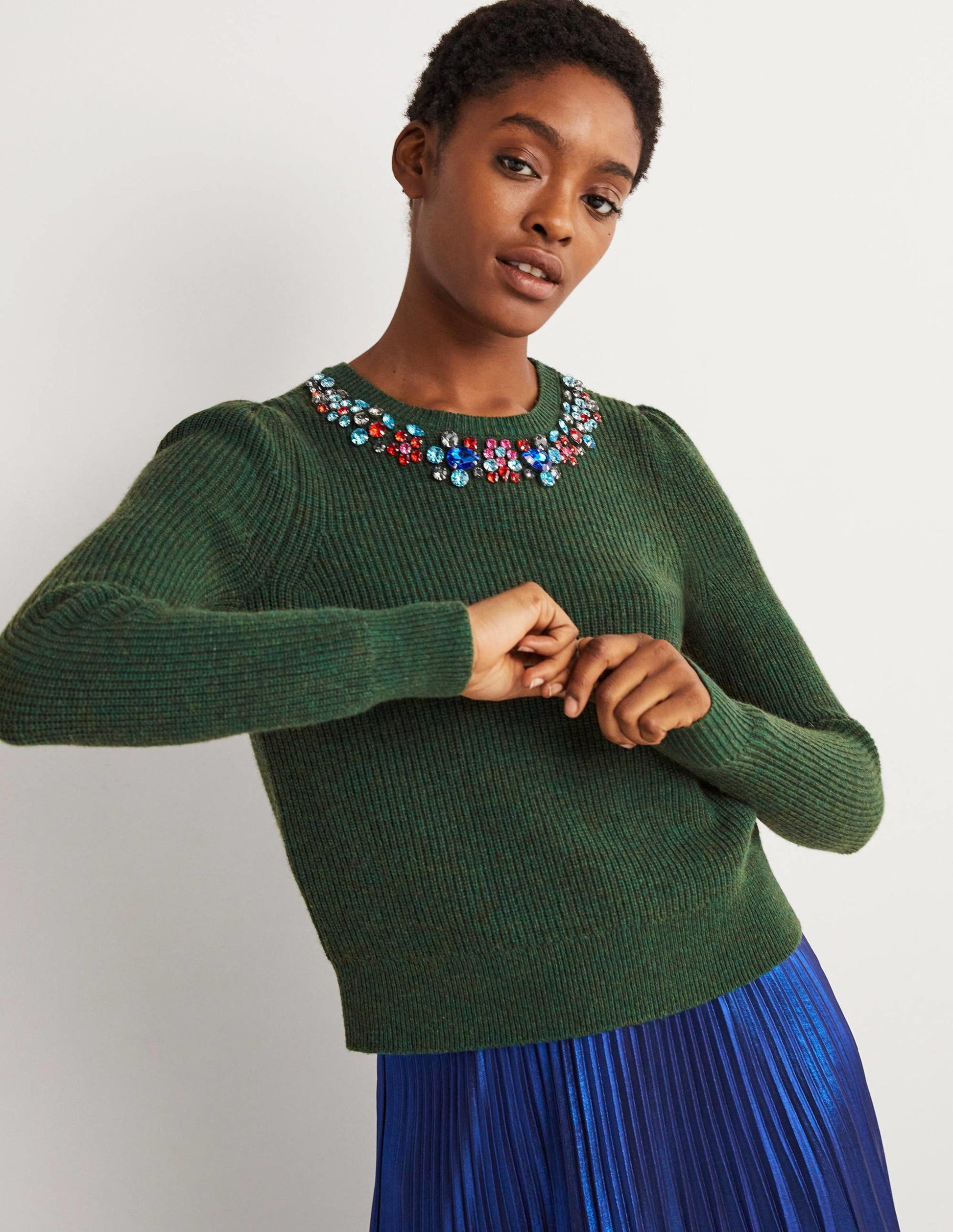 Embellished Party Jumper-Dark Green, Embellished Collar-5