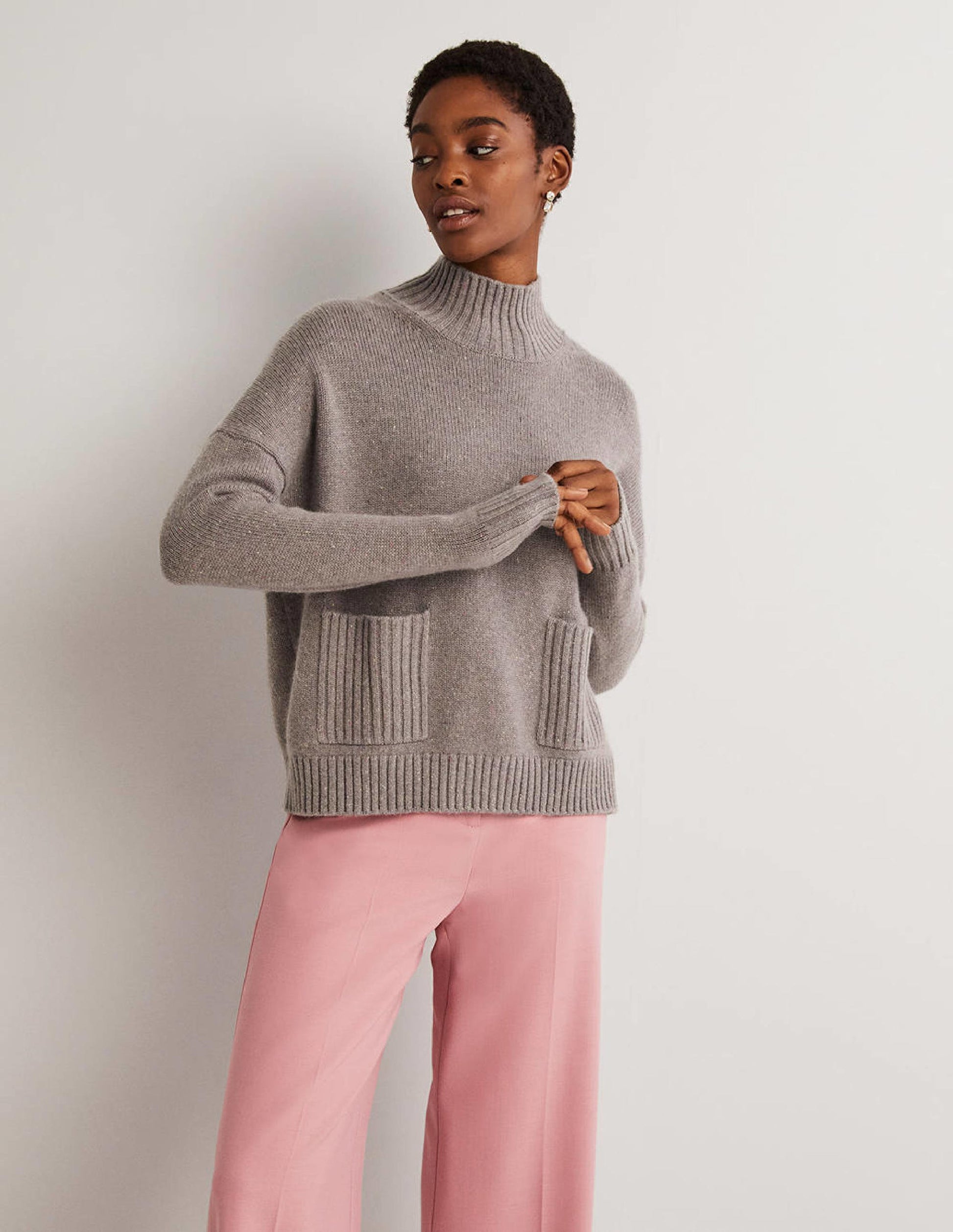 Kaschmirpullover mit hohem Kragen-Grau, Bunte Farbsprenkel-1