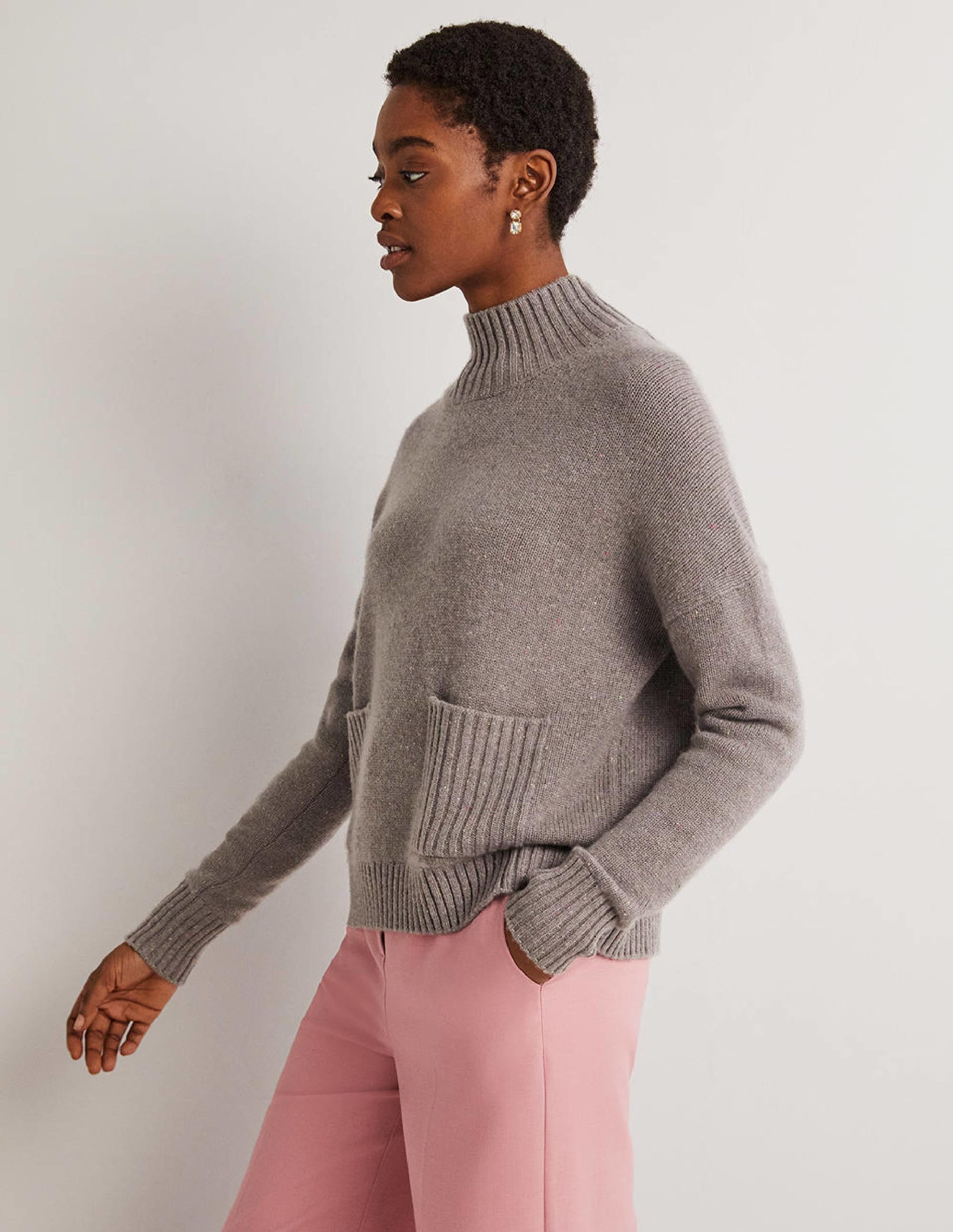 Kaschmirpullover mit hohem Kragen-Grau, Bunte Farbsprenkel - Image 5