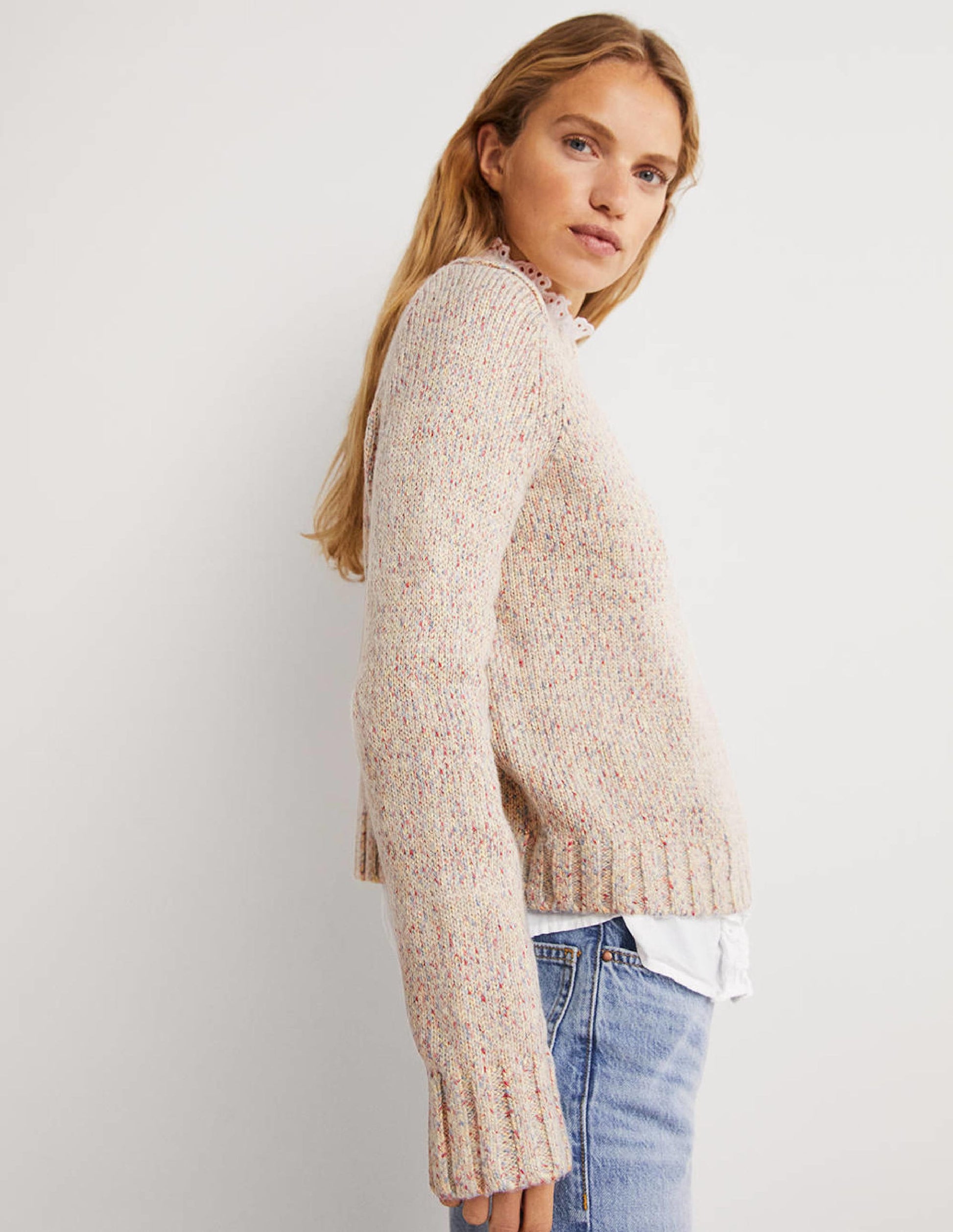 Gesprenkelter flauschiger Pullover-Naturweiß-5