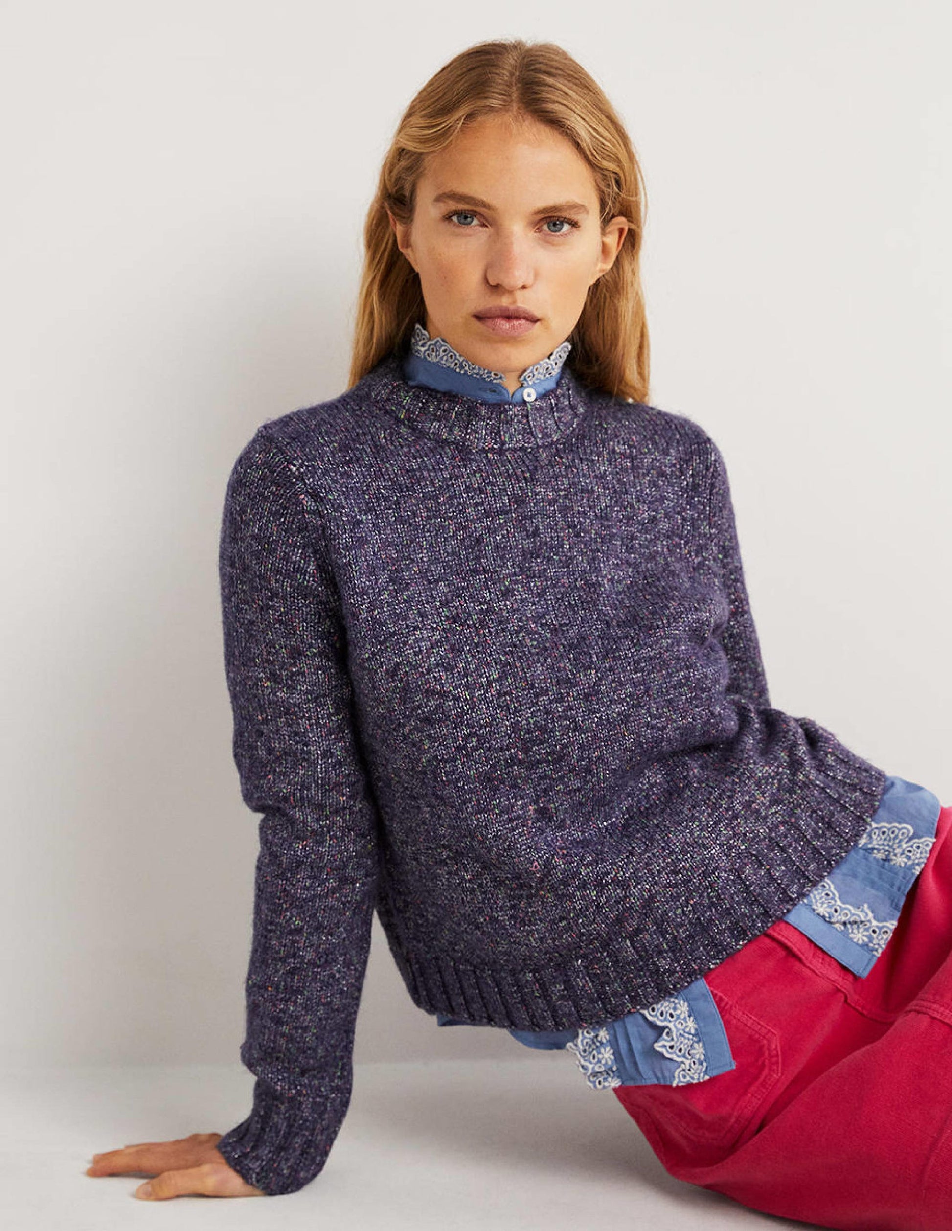Gesprenkelter flauschiger Pullover-Marineblau-4
