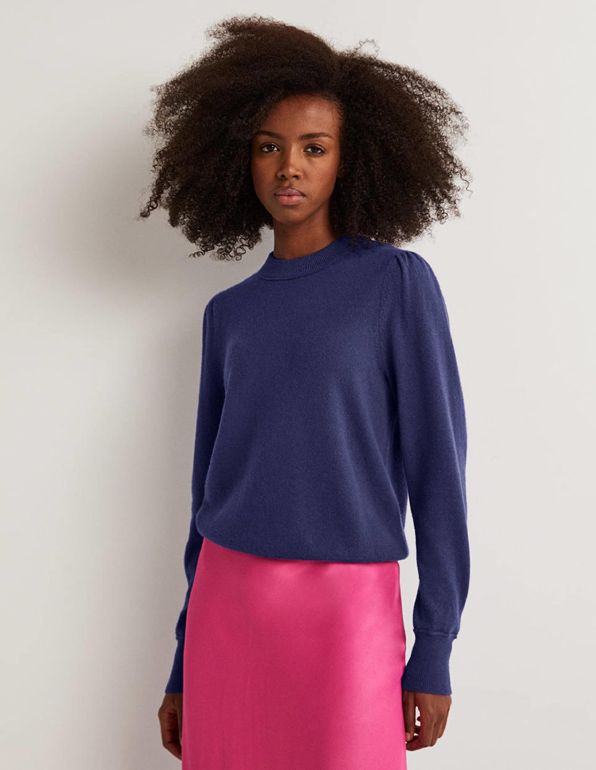 Pull en cachemire à épaules bouffantes-Bleu marine - Image 1