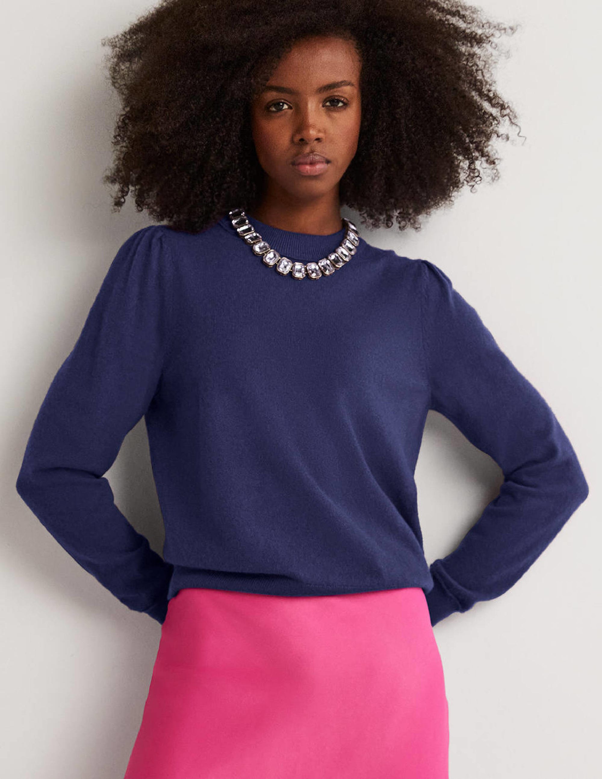 Pull en cachemire à épaules bouffantes-Bleu marine - Image 5