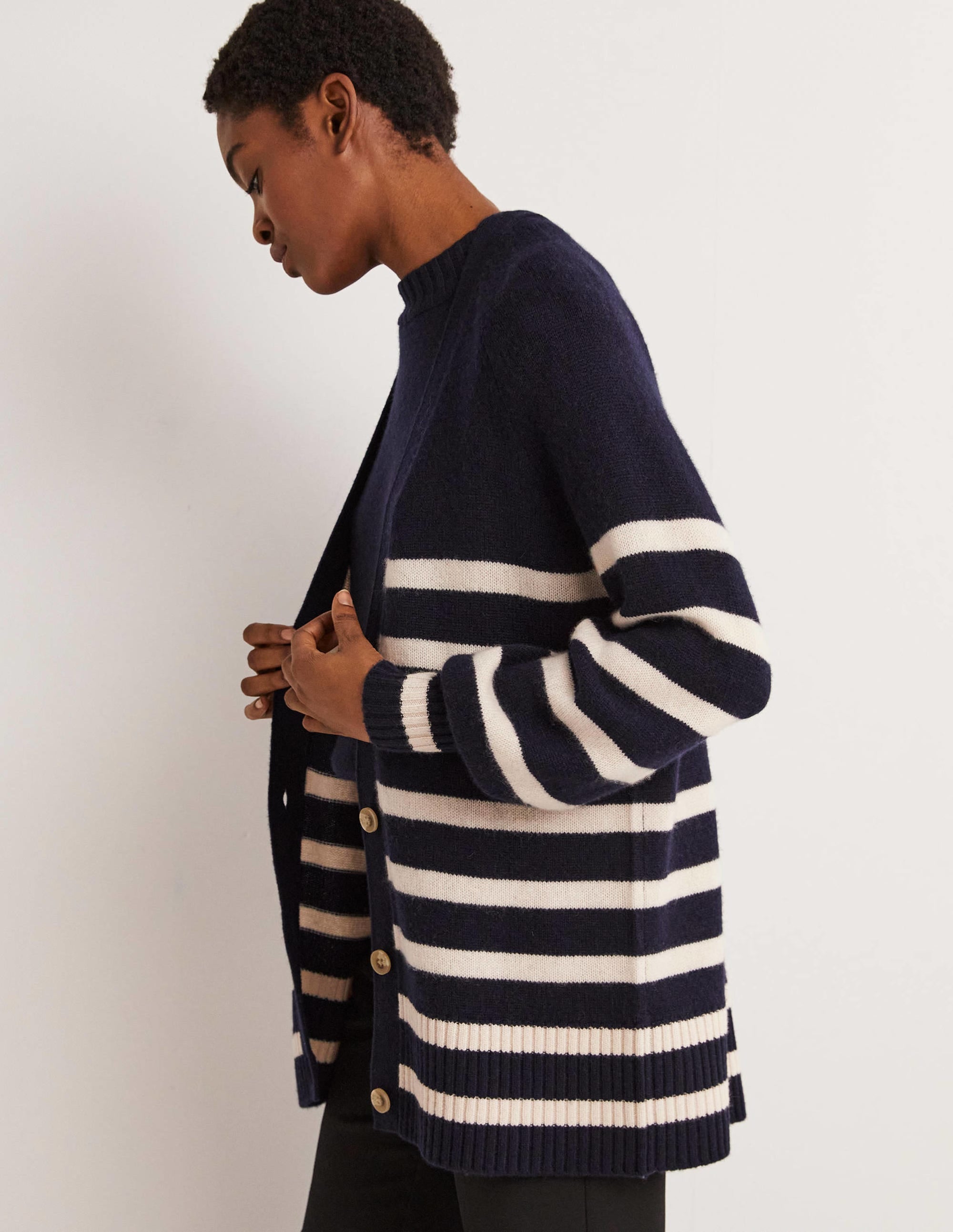 Gilet long en cachemire-Bleu marine, rayé chinchilla - Image 1