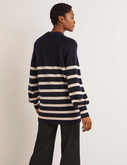 Langer Kaschmircardigan-Navy/Mausgrau, Gestreift