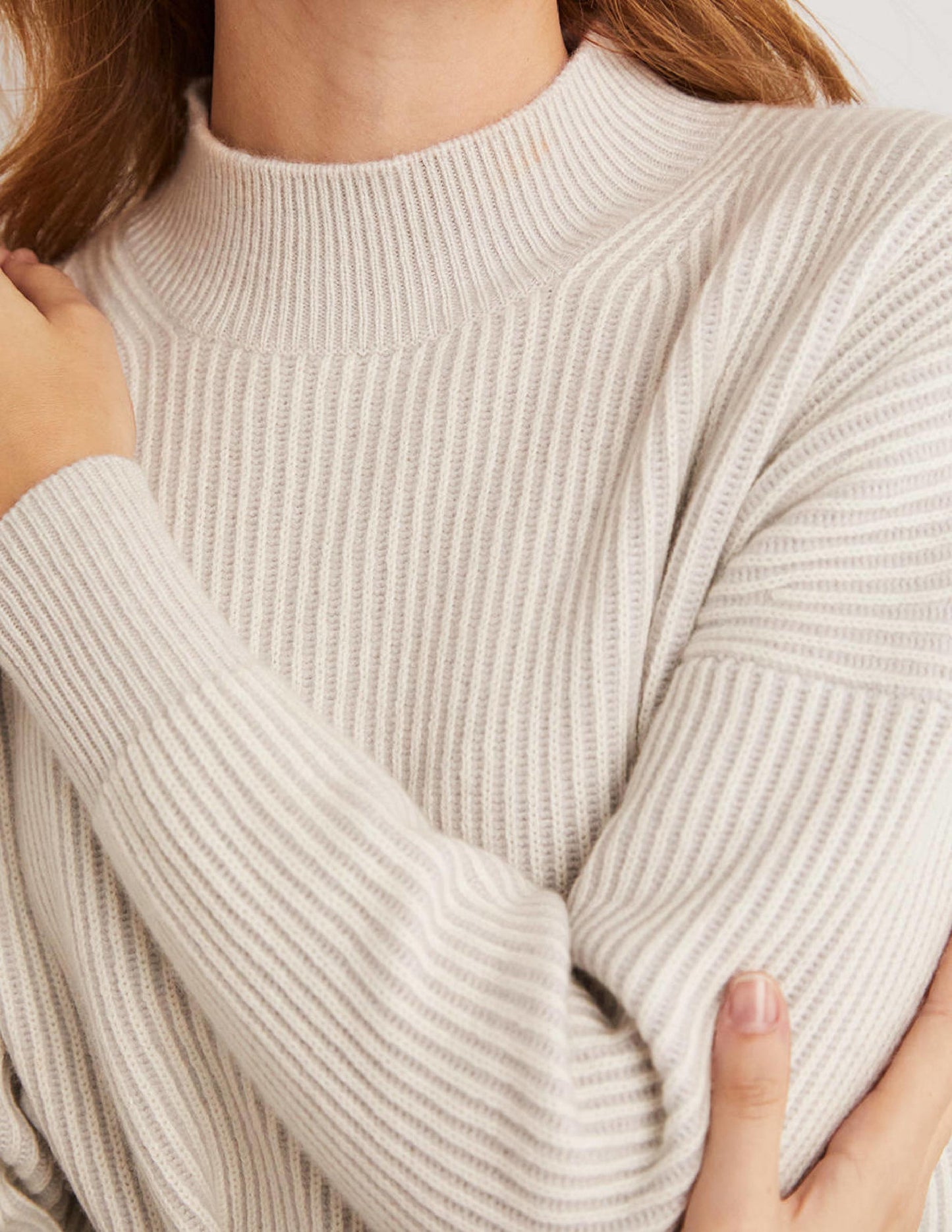 Pull côtelé en cachemire-Gris pâle, ivoire
