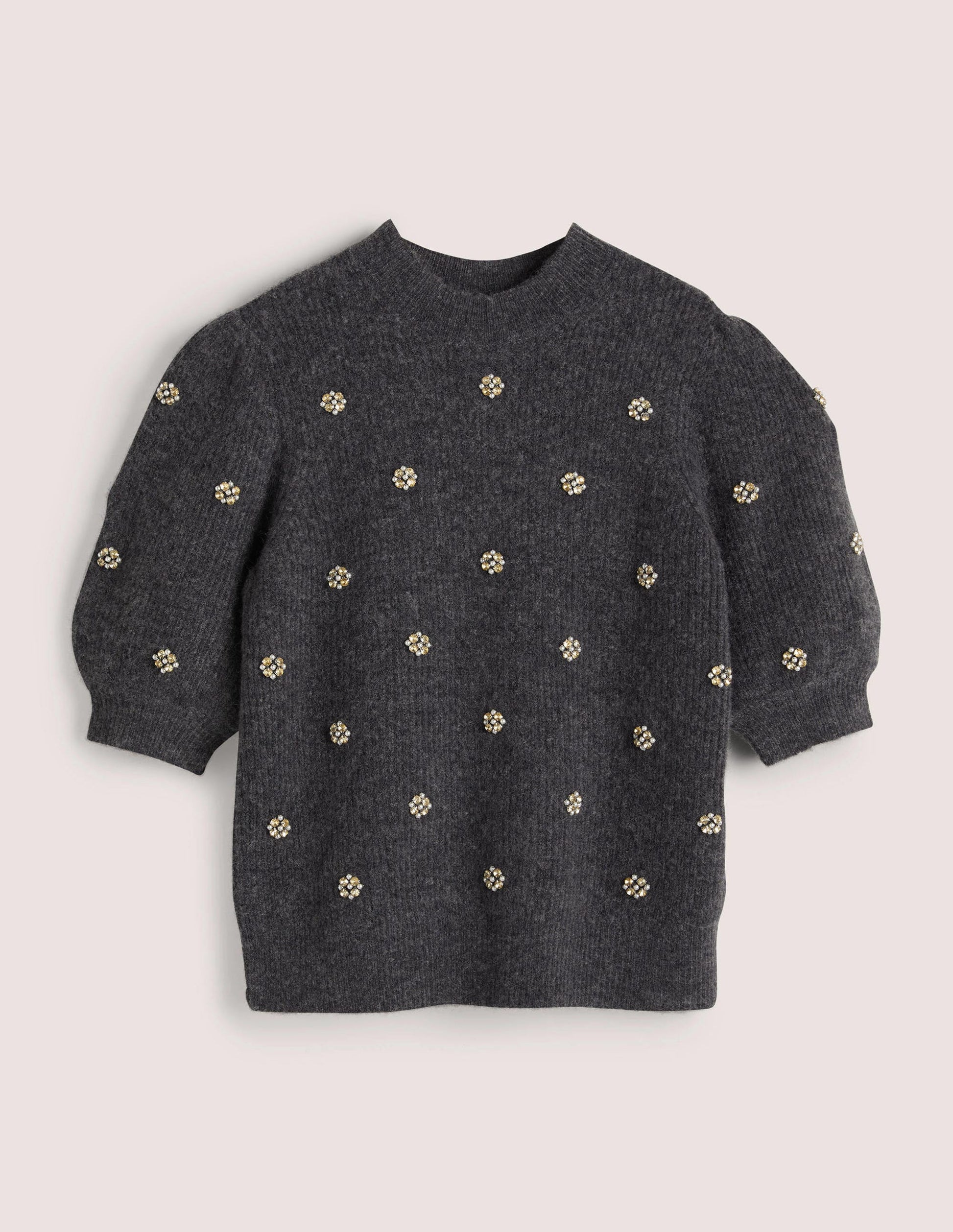 Embellished Fluffy T-shirt-Charcoal Melange Embellishment-6