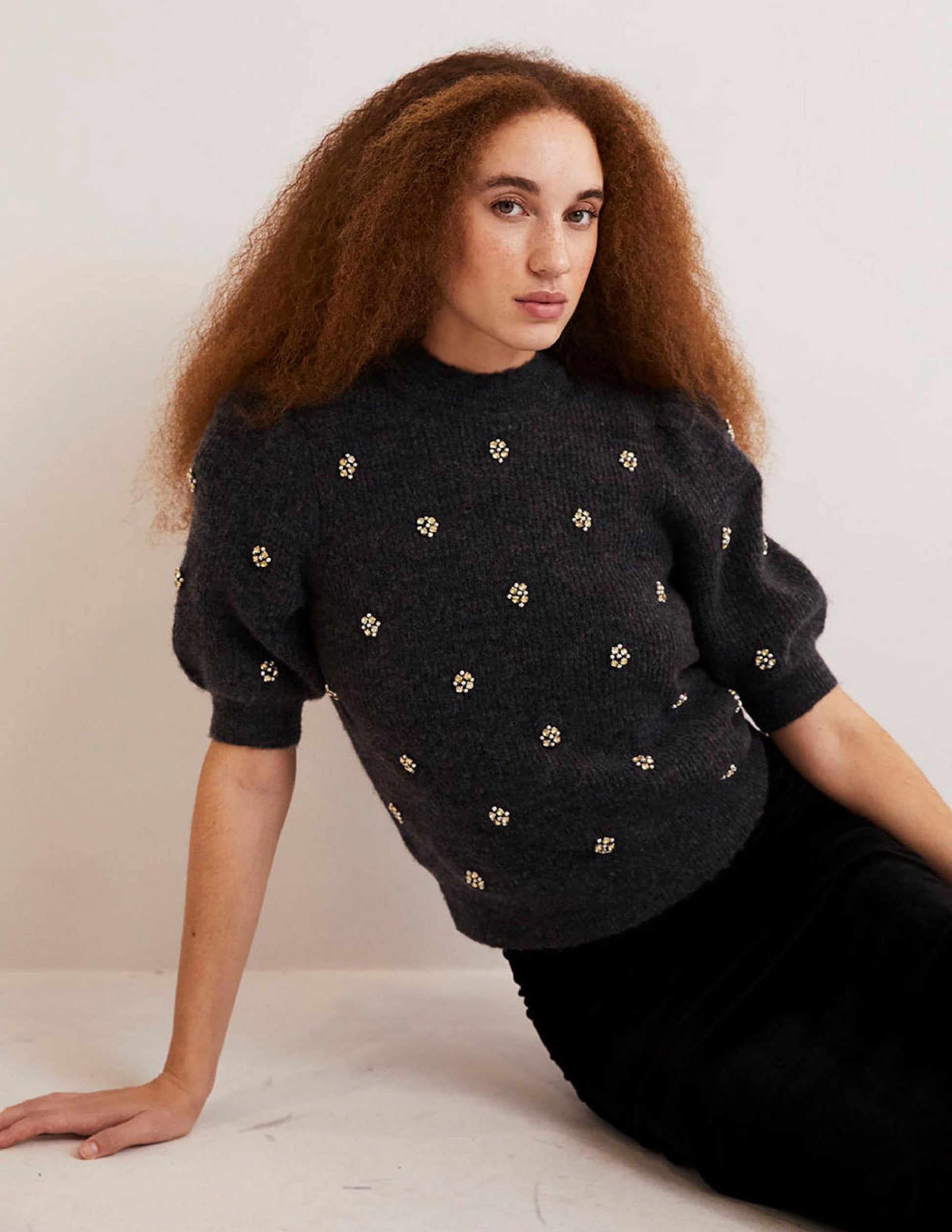 Embellished Fluffy T-shirt-Charcoal Melange Embellishment-1