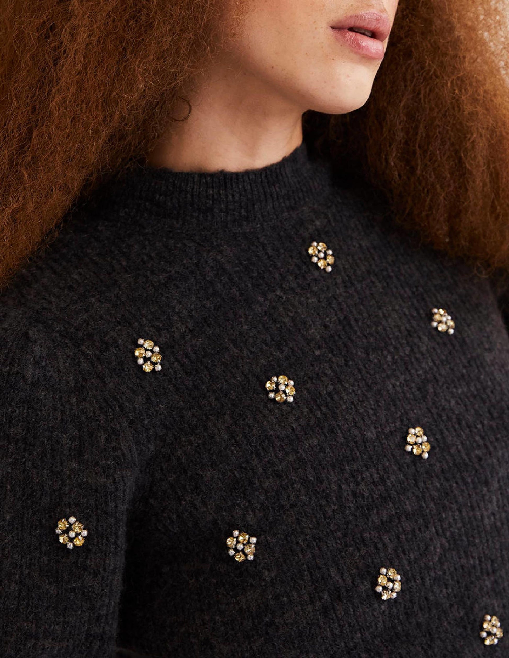Embellished Fluffy T-shirt-Charcoal Melange Embellishment-2