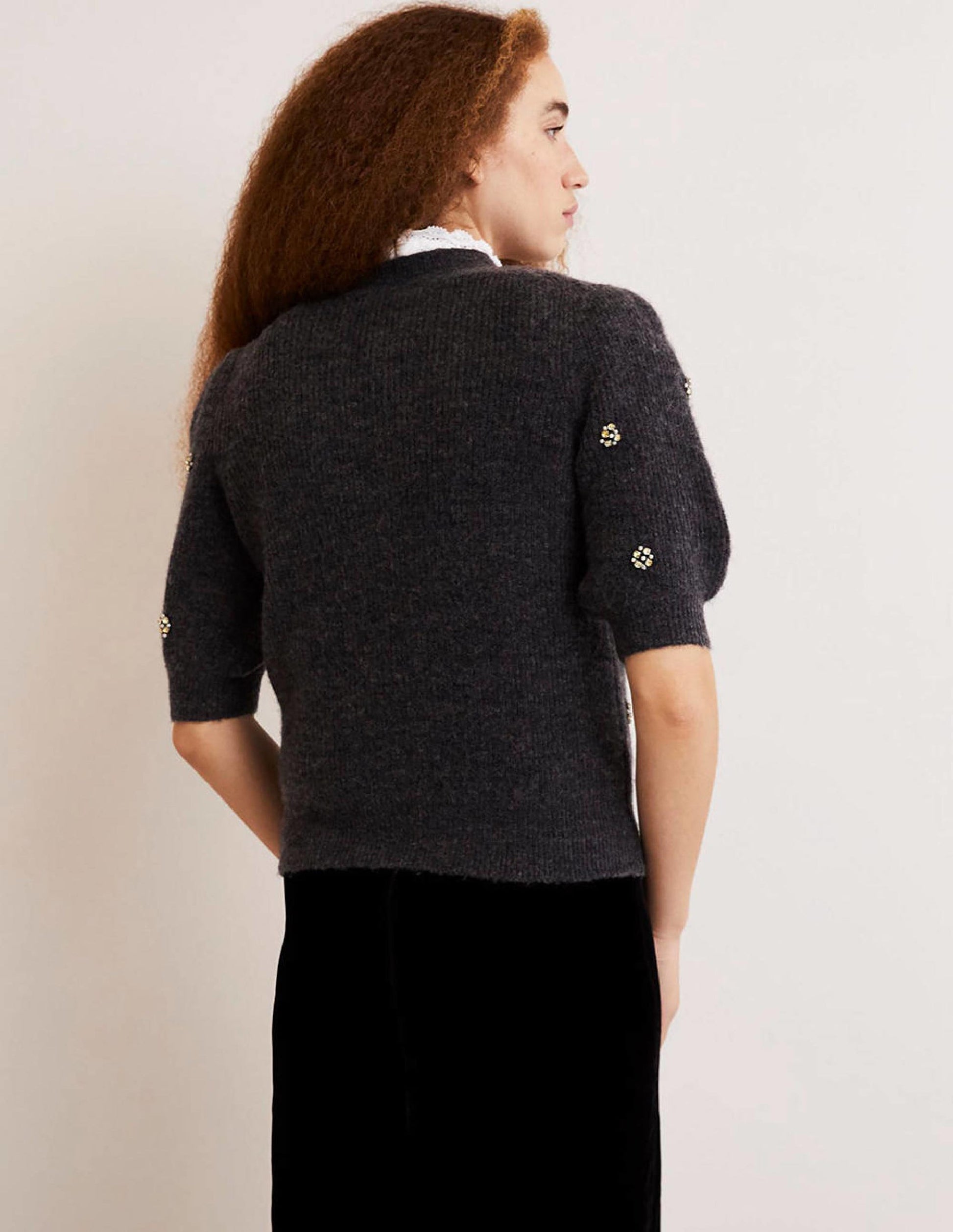 Embellished Fluffy T-shirt-Charcoal Melange Embellishment-3