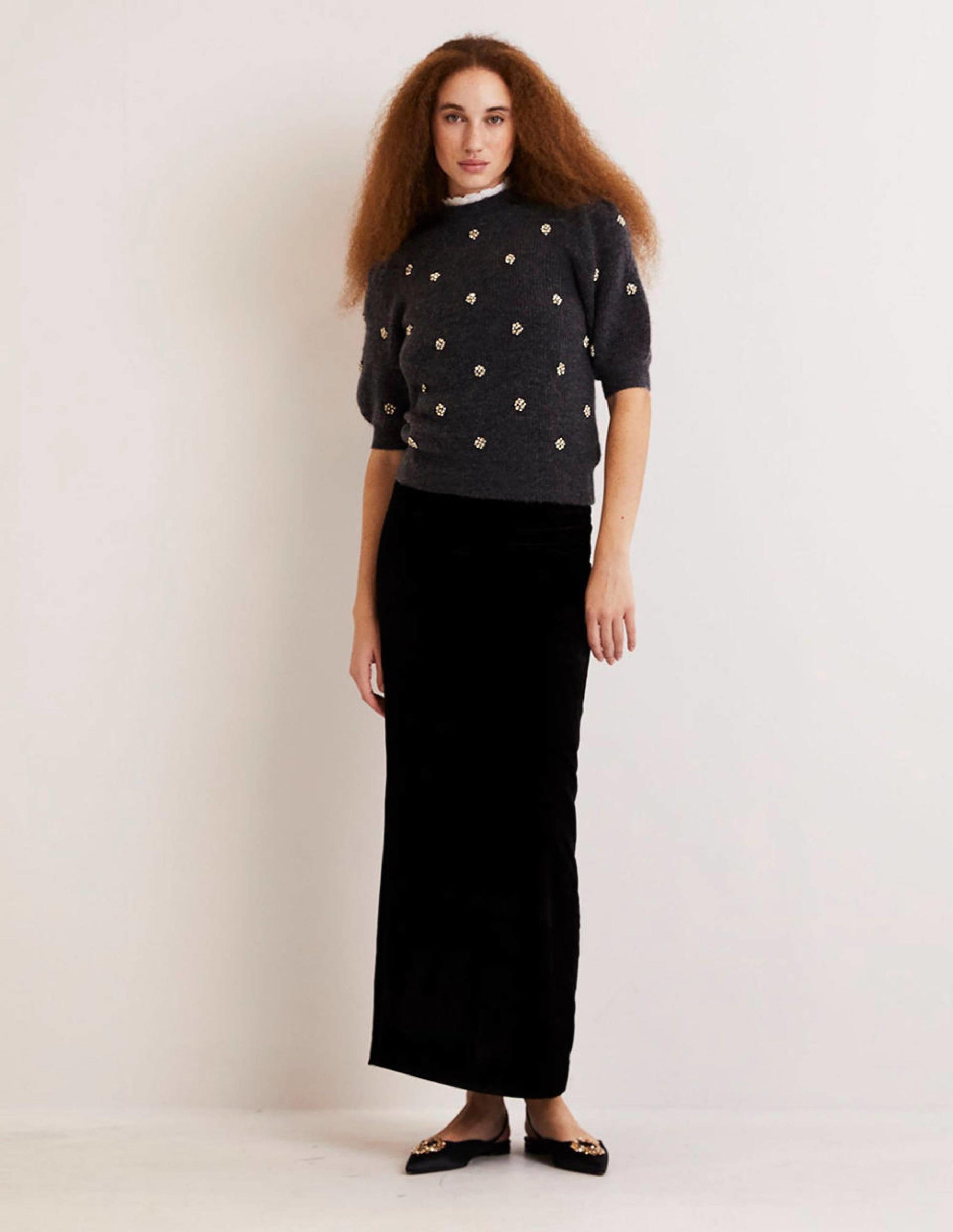 Embellished Fluffy T-shirt-Charcoal Melange Embellishment-4
