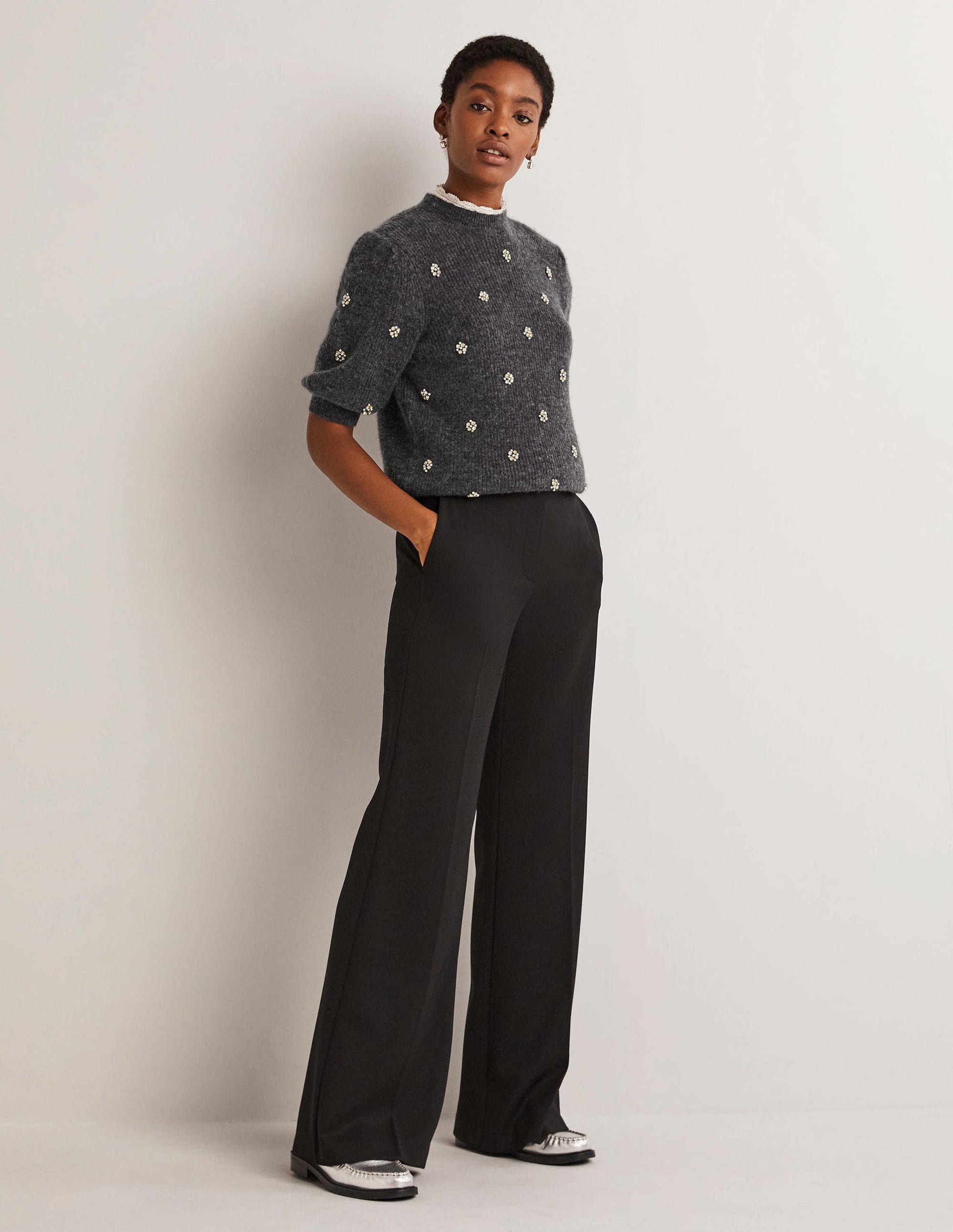 Embellished Fluffy T-shirt-Charcoal Melange Embellishment-5