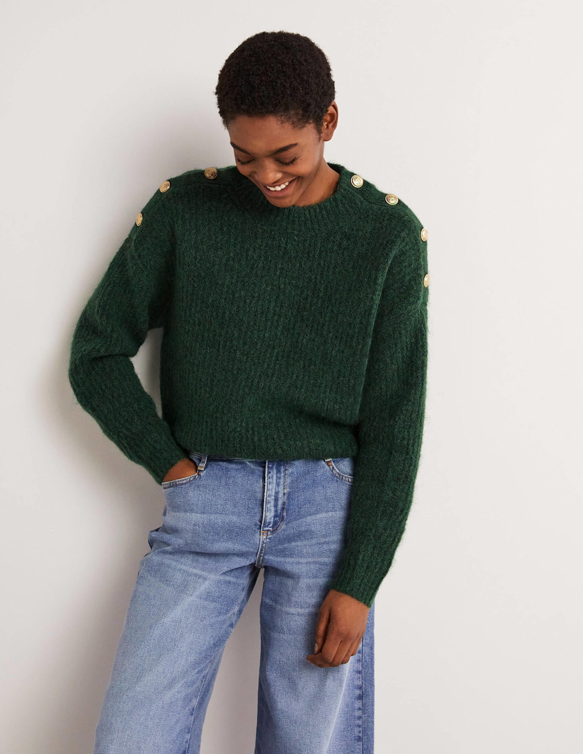Rippstrickpullover mit Knöpfen an der Schulter-Jägergrün - Image 2