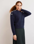 Rippstrickpullover mit Knöpfen an der Schulter-Marineblau