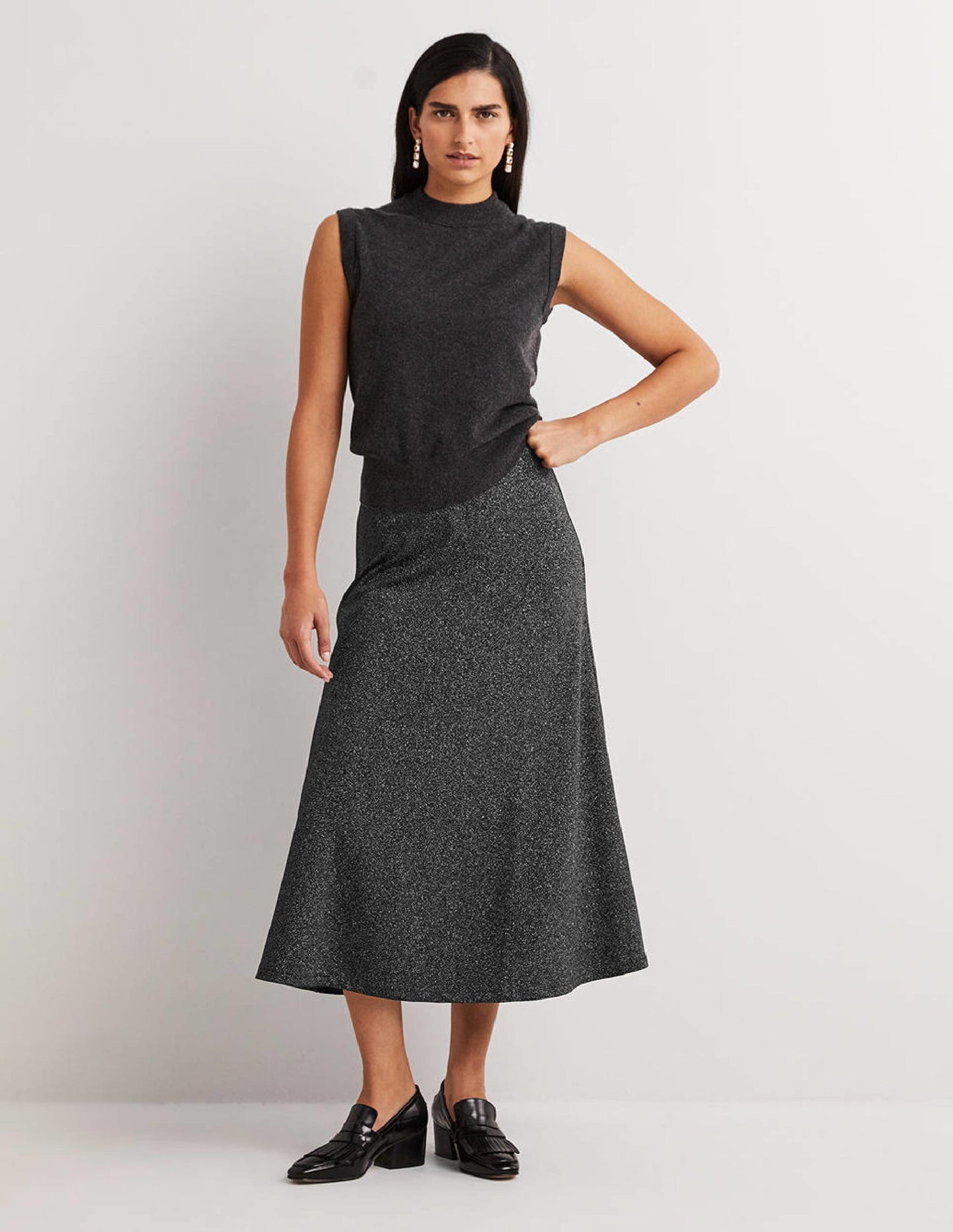 Midirock aus Metallic-Jersey-Schwarz/Silber, Glitzer