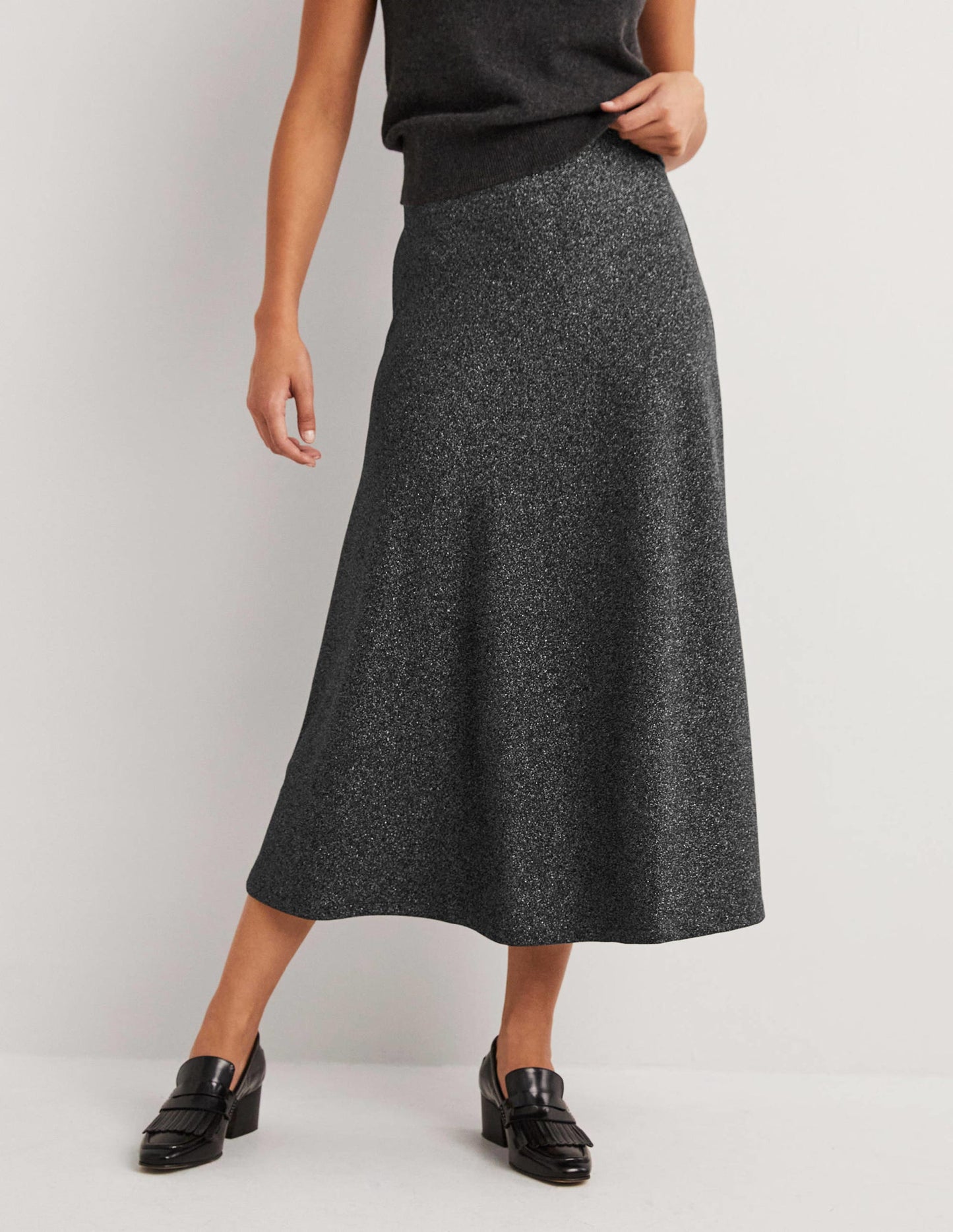Midirock aus Metallic-Jersey-Schwarz/Silber, Glitzer