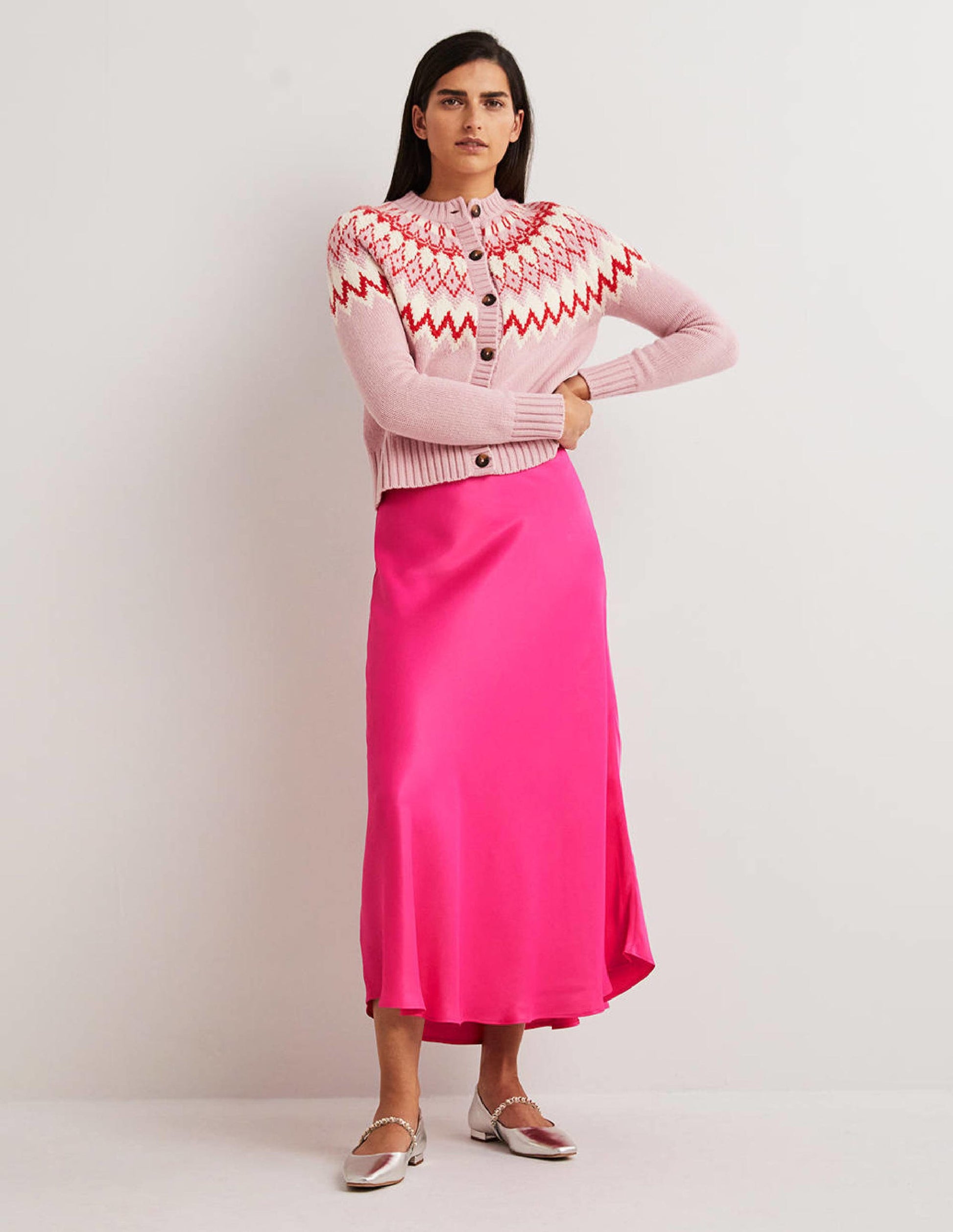 Pink Satin Bias-cut Midi Skirt-Wassermelonenrosa-1
