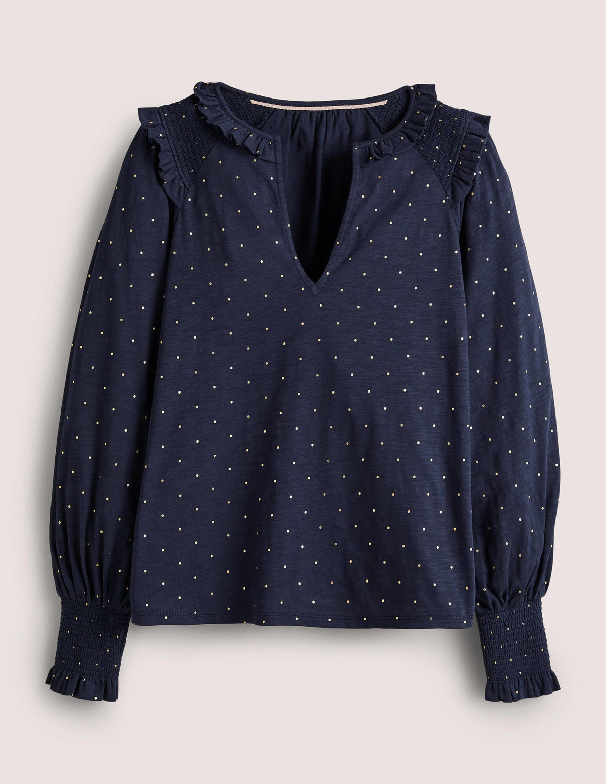 Rüschenoberteil mit Smokdetail und gekerbtem Ausschnitt-Navy, Folientupfen-6