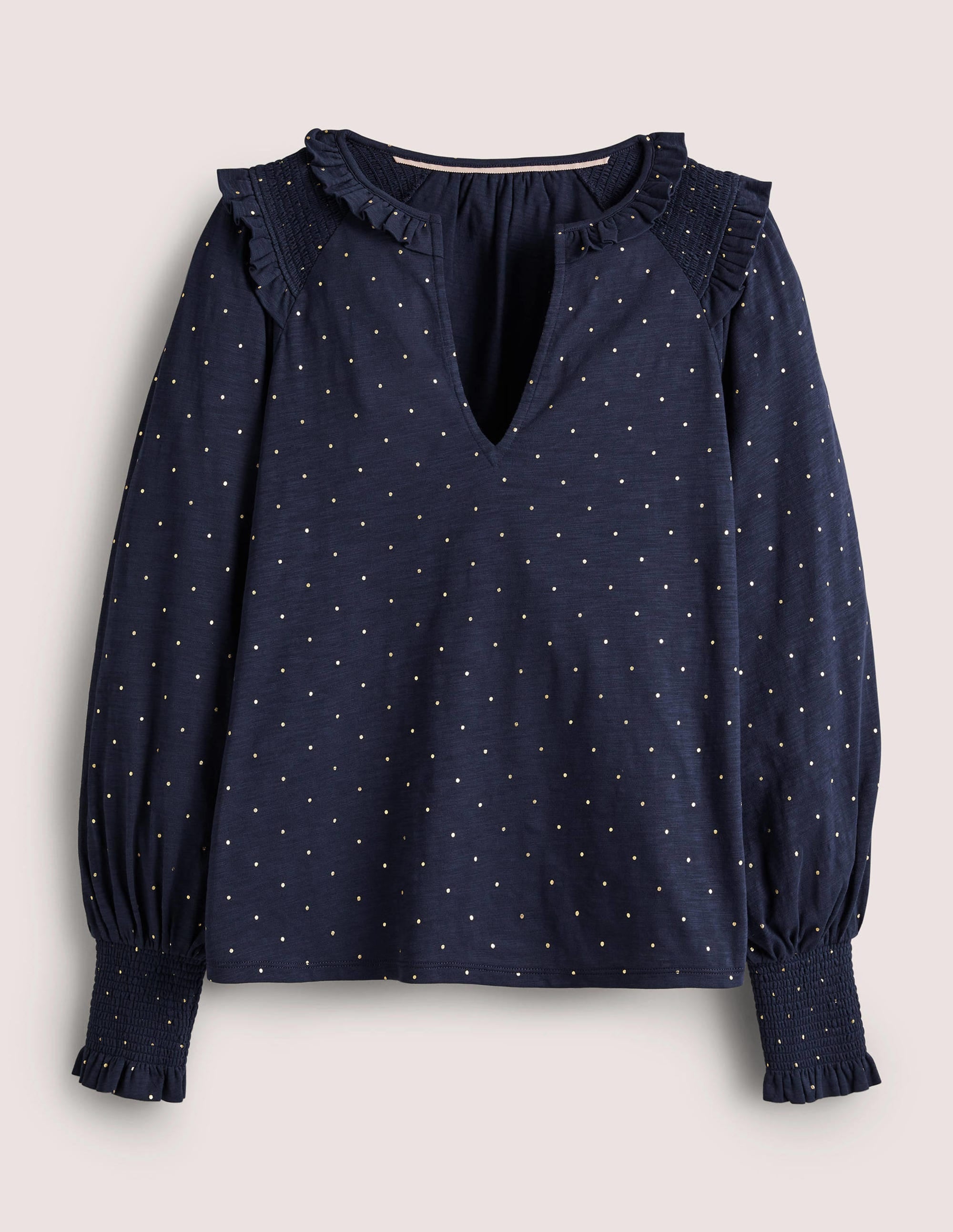 Rüschenoberteil mit Smokdetail und gekerbtem Ausschnitt-Navy, Folientupfen - Image 6