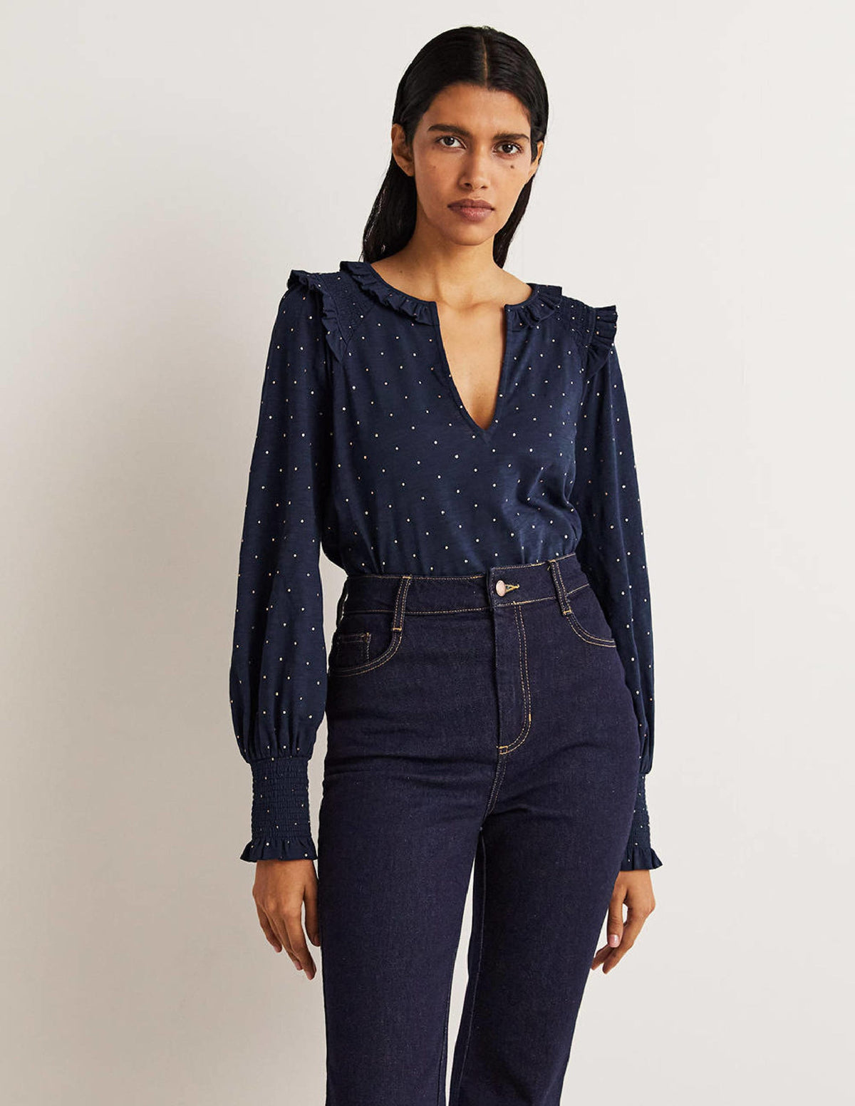 Rüschenoberteil mit Smokdetail und gekerbtem Ausschnitt-Navy, Folientupfen - Image 2