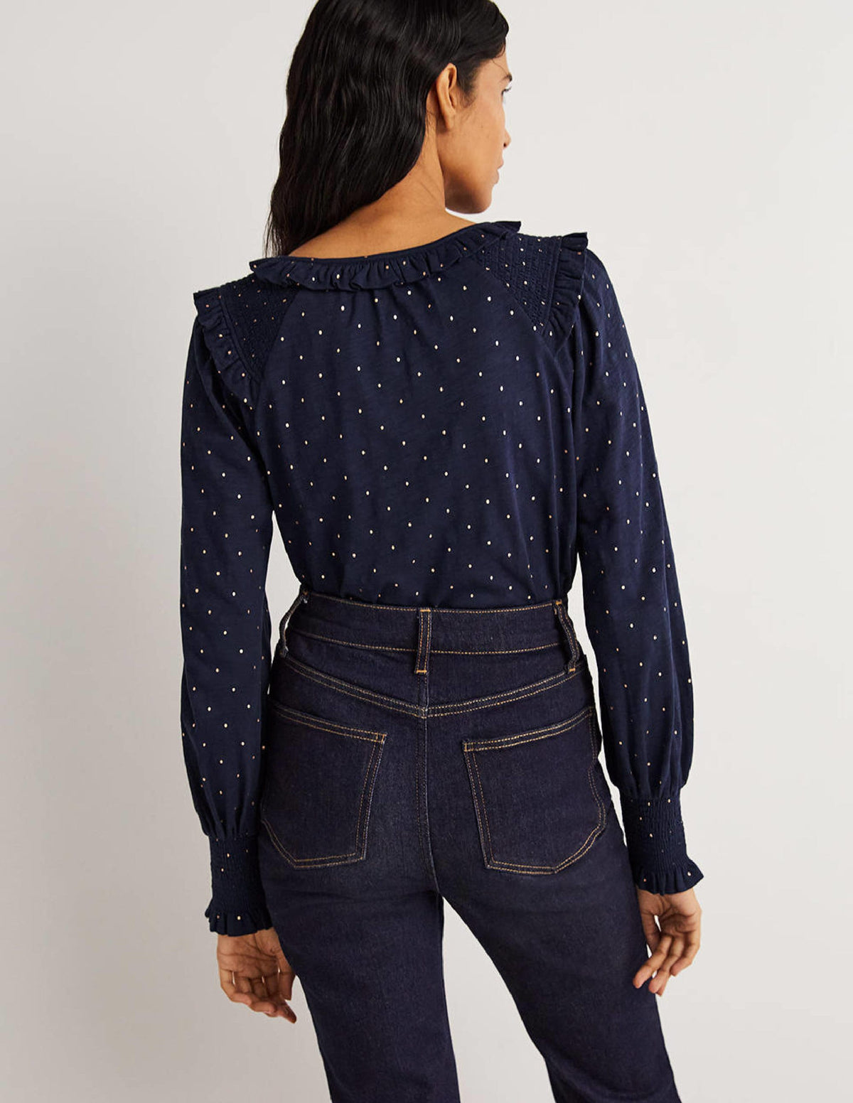 Rüschenoberteil mit Smokdetail und gekerbtem Ausschnitt-Navy, Folientupfen-4