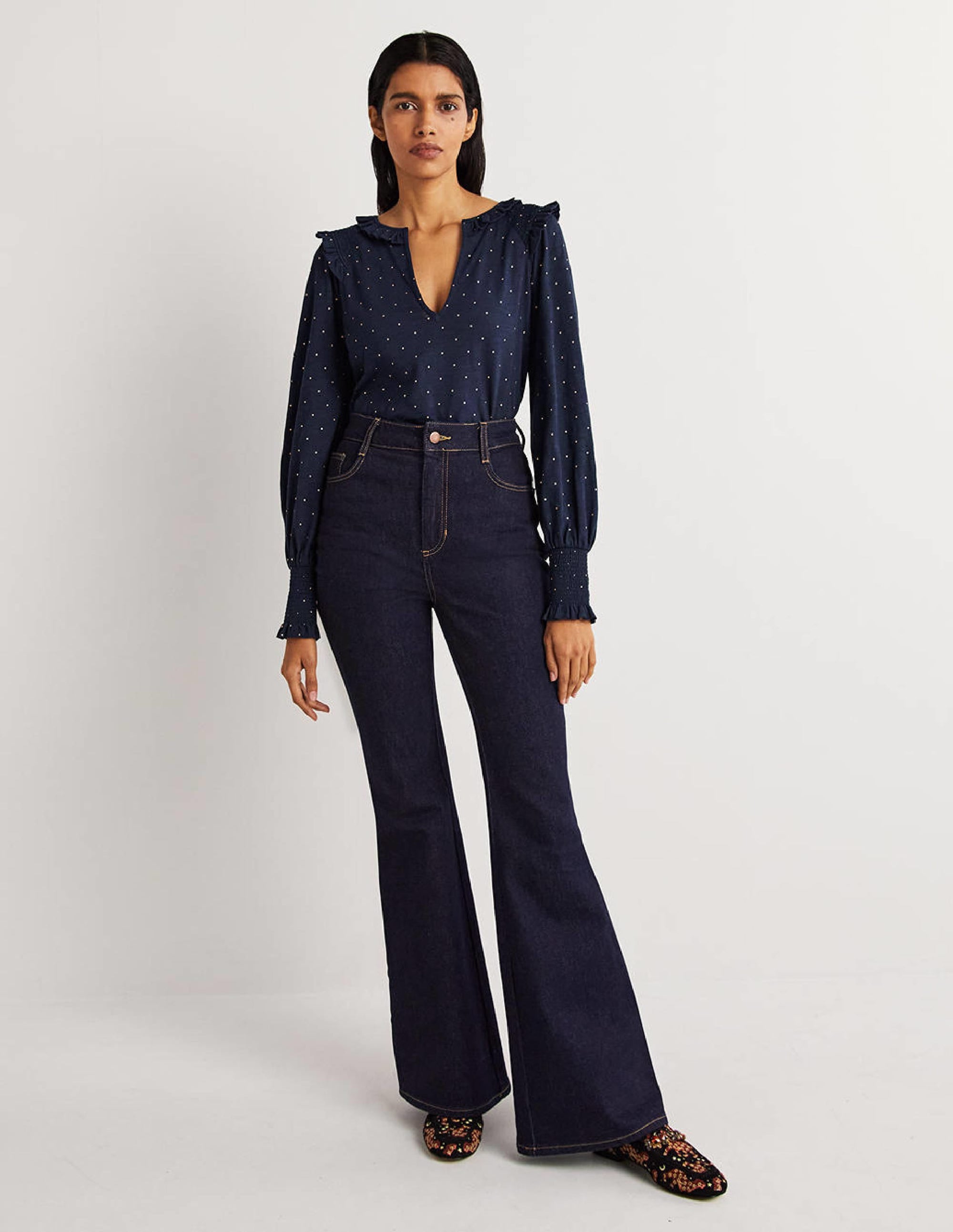 Rüschenoberteil mit Smokdetail und gekerbtem Ausschnitt-Navy, Folientupfen - Image 5