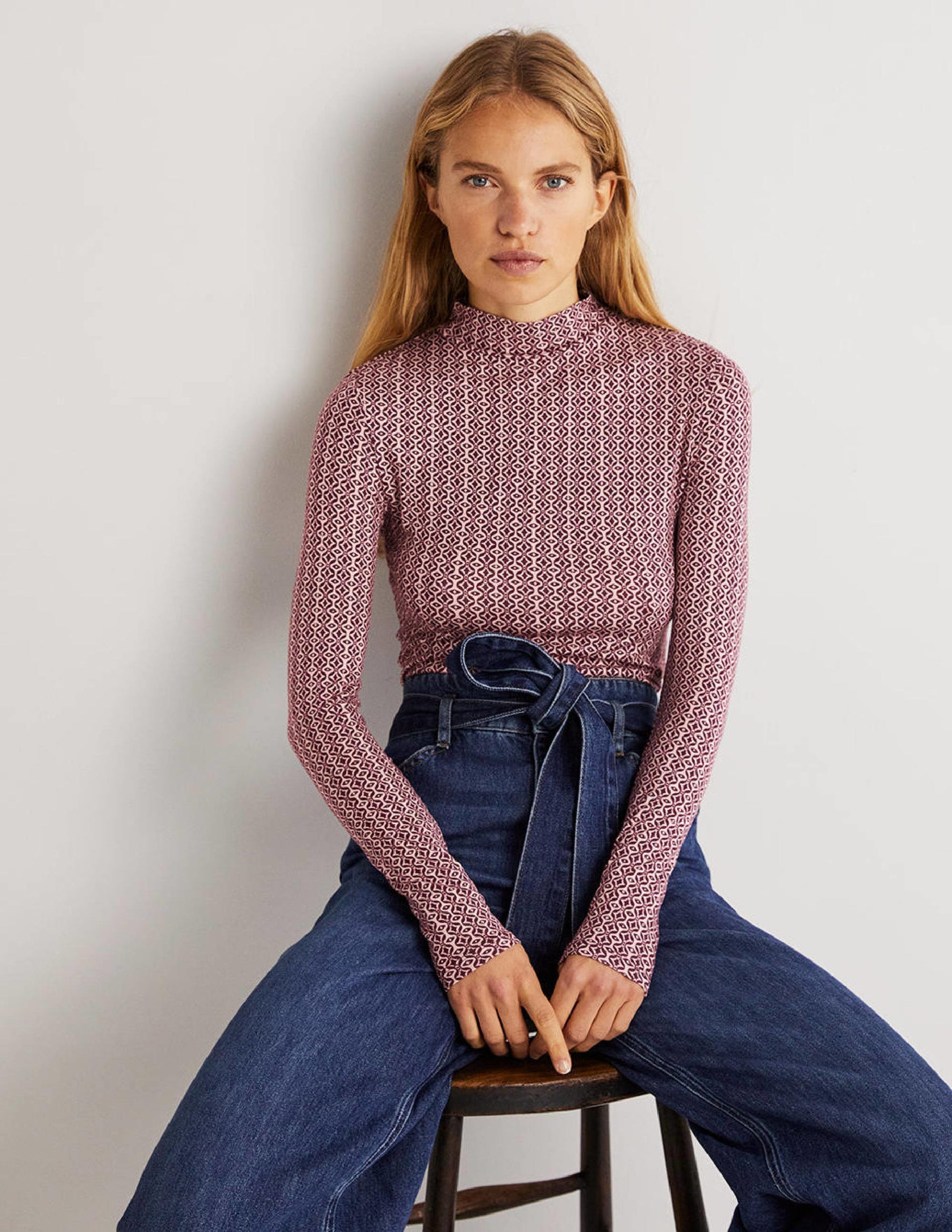 Jersey High Neck Top-Berry, Diamond Swirl-1