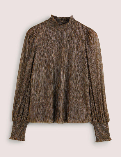 Gesmoktes Oberteil mit hohem Kragen-Metallic-Glanz/Plissee