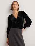 Cropped Velvet Blouson Top-Black