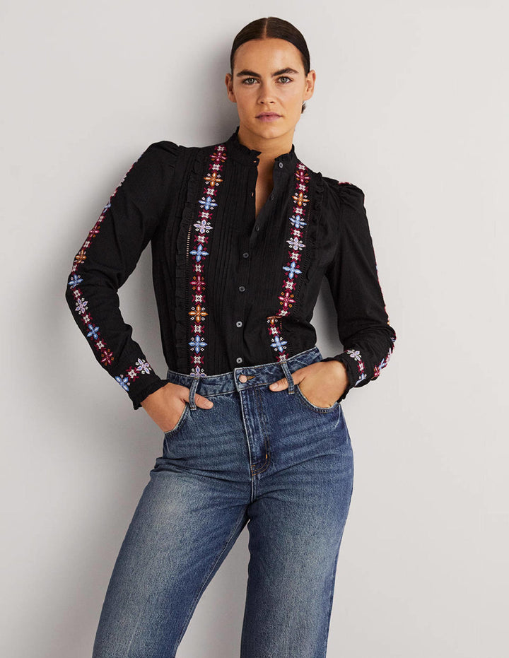 Embroidered High Neck Shirt-Black