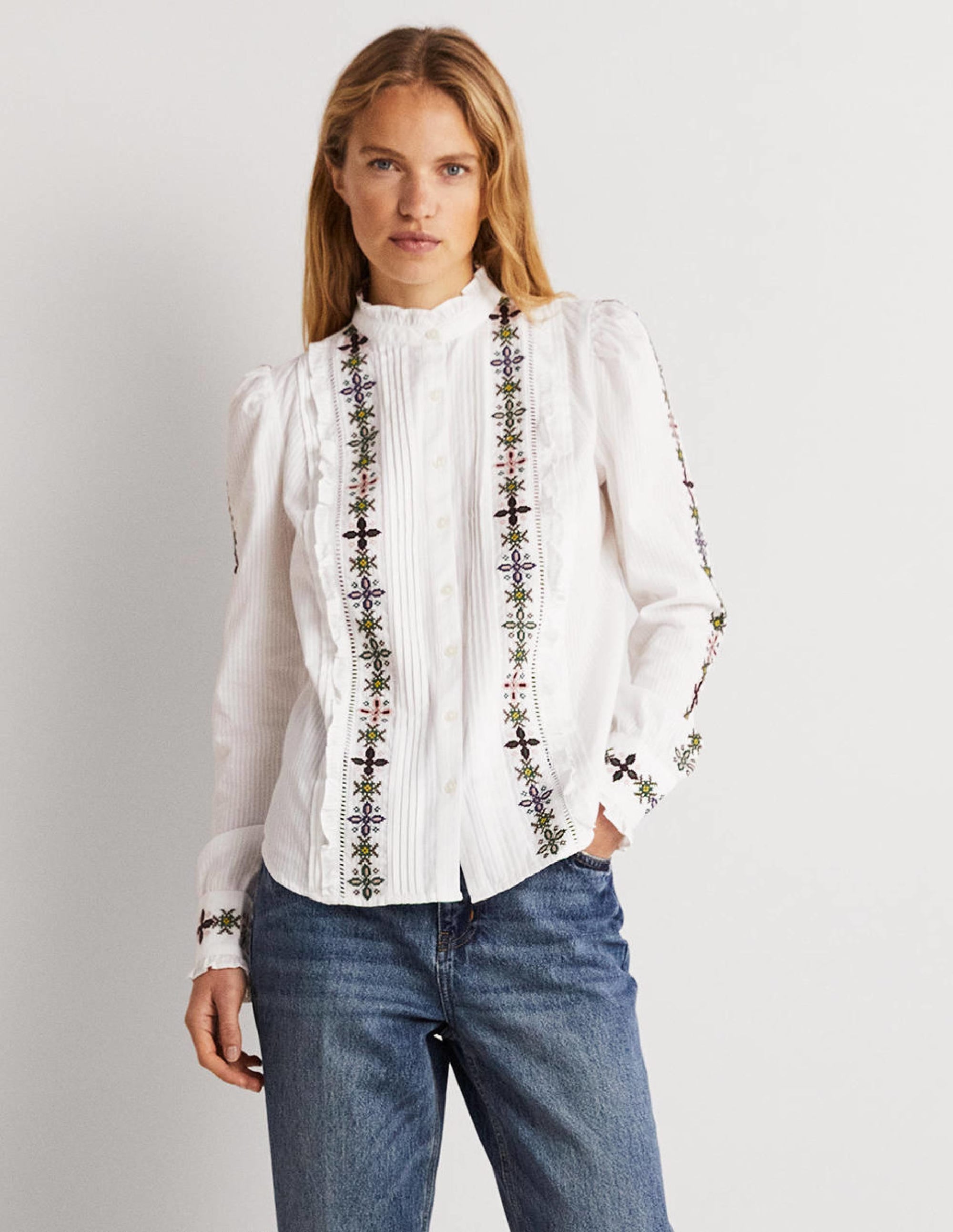 Embroidered High Neck Shirt-White - Image 1
