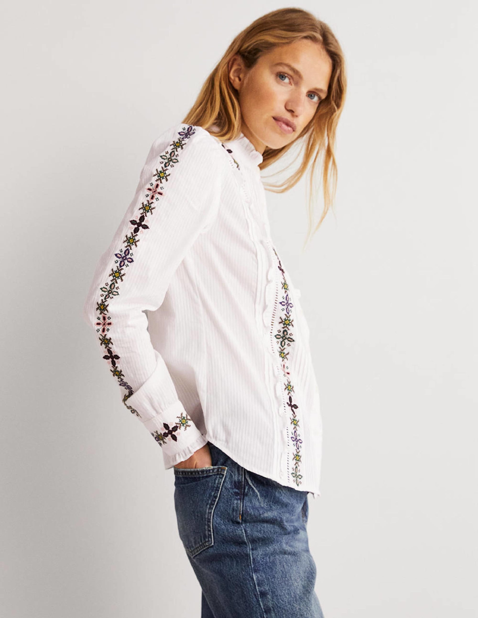 Embroidered High Neck Shirt-White - Image 4