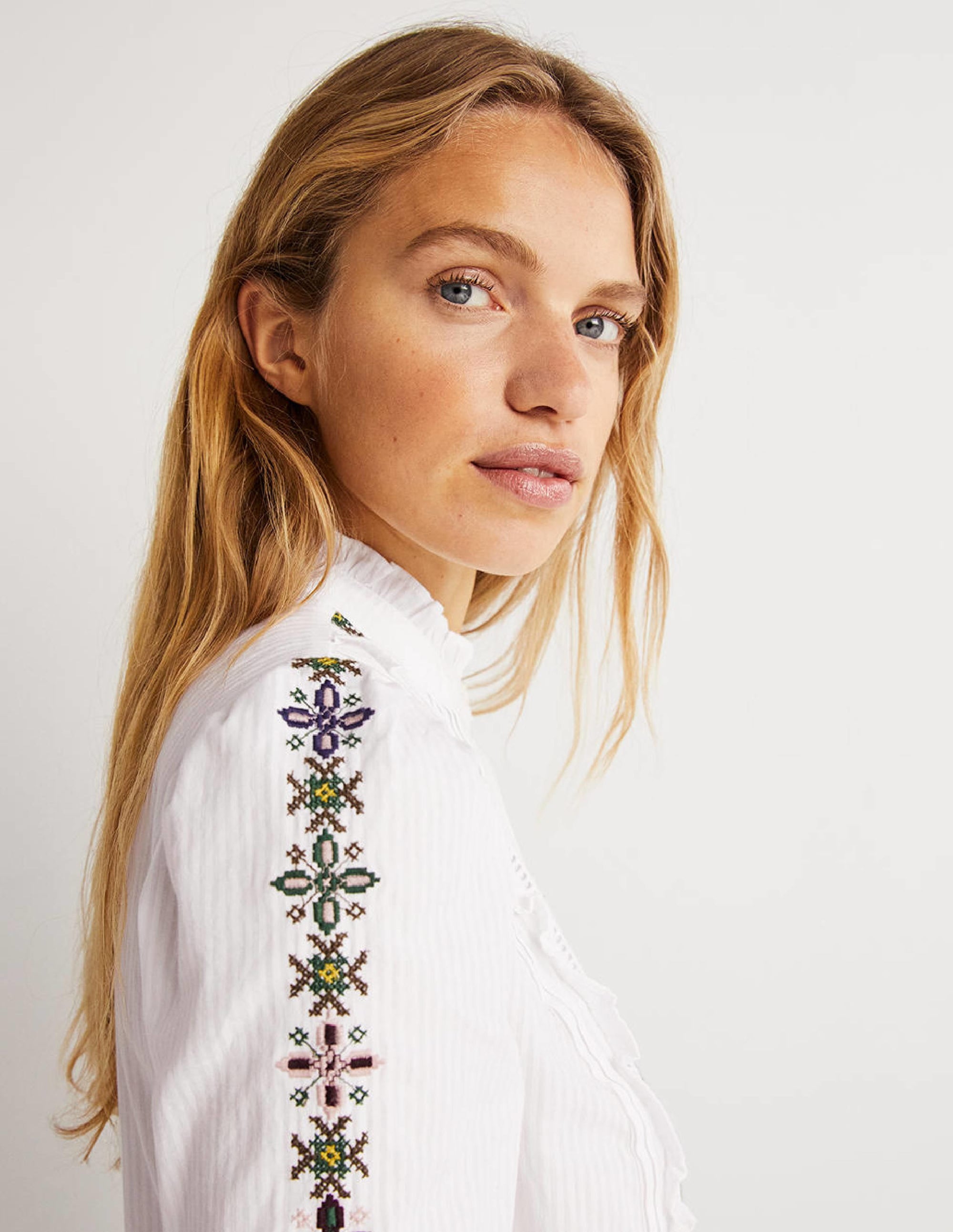 Embroidered High Neck Shirt-White - Image 5