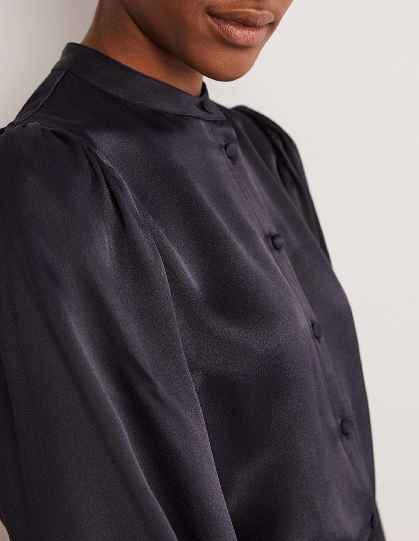 Blouson Sleeve Satin Shirt-Navy