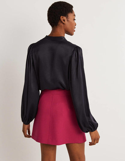 Blouson Sleeve Satin Shirt-Navy