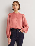 Chemise en satin à manches blousantes-Rose poudré