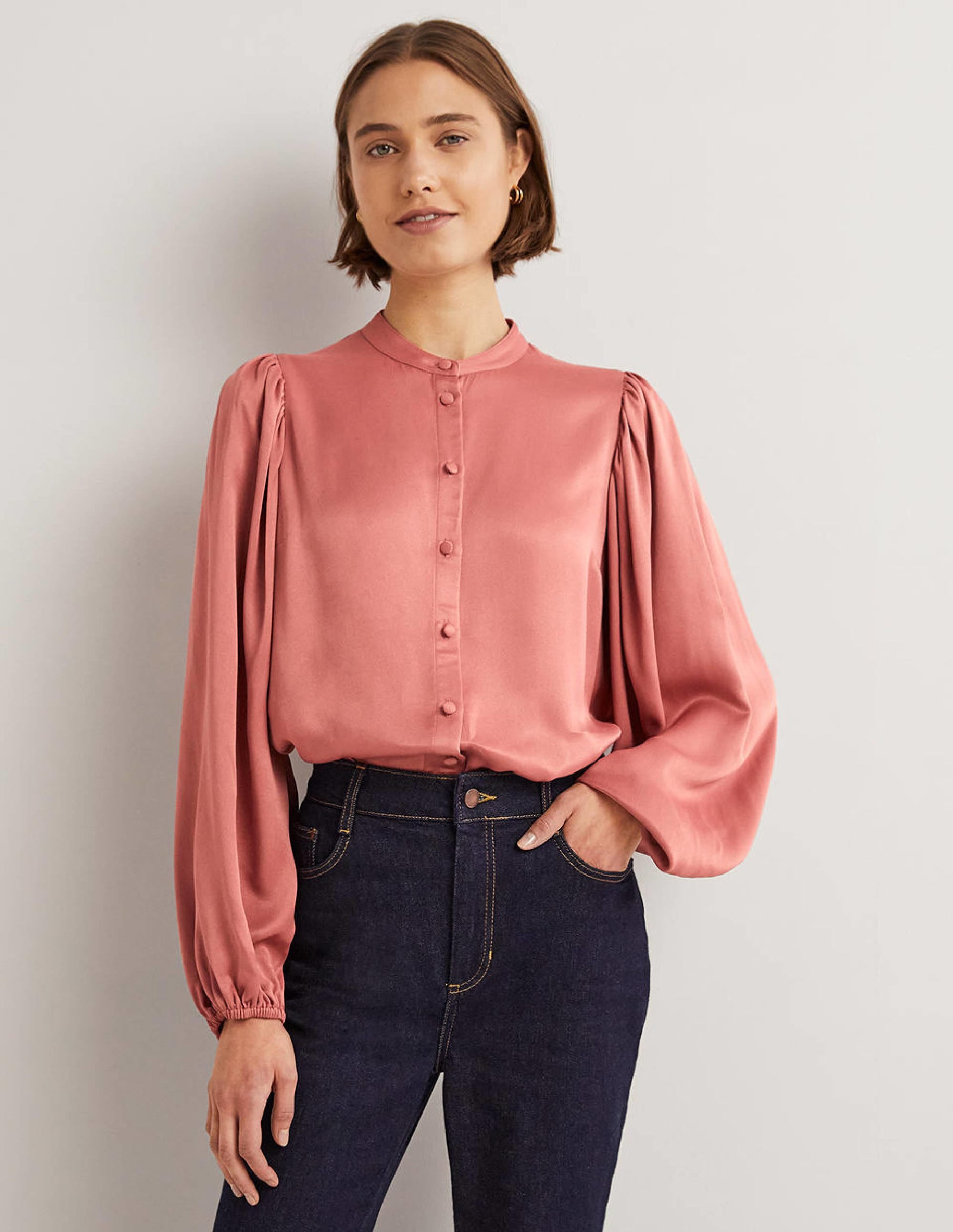 Chemise en satin à manches blousantes-Rose poudré - Image 1