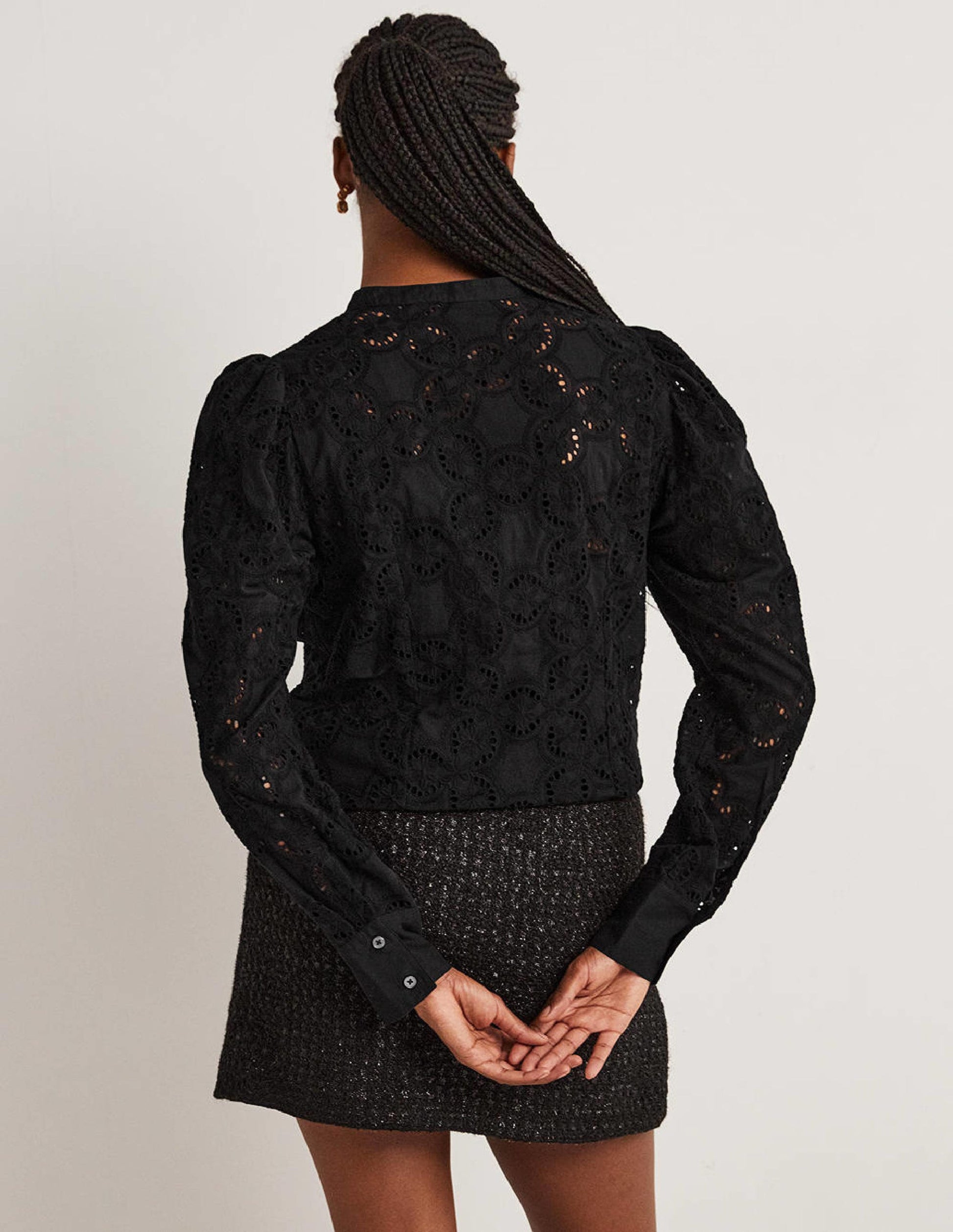Mutton Sleeve Broderie Blouse-Black-3
